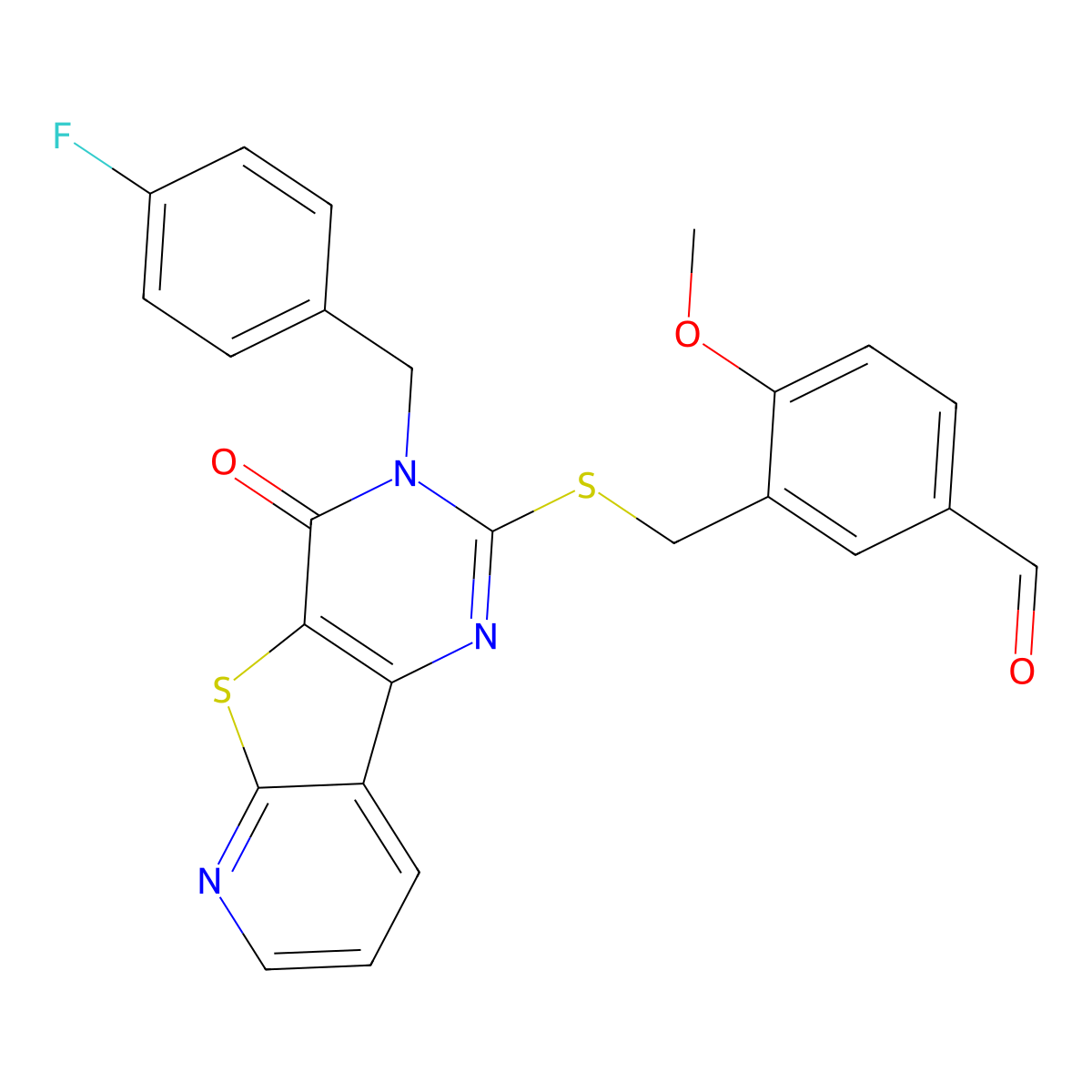 3-(((3-(4-Fluorobenzyl)-4-oxo-3,4-dihydropyrido[3',2':4,5]thieno[3,2-d]pyrimidin-2-yl)thio)methyl)-4-methoxybenzaldehyde molecular structure, CAS 1040638-31-0