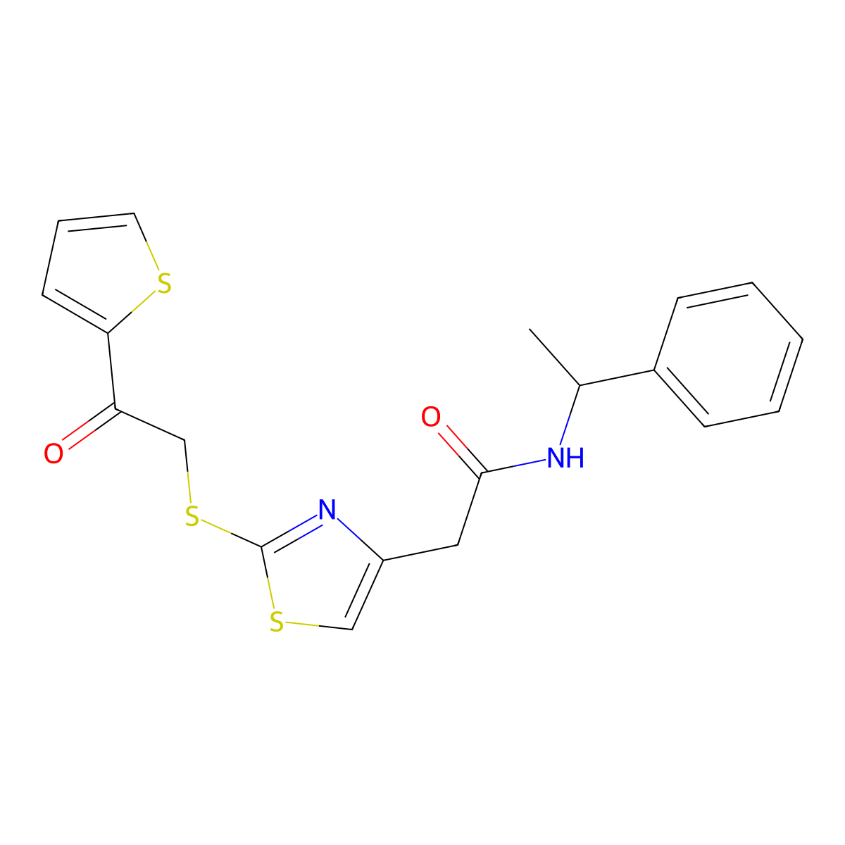 2-(2-((2-oxo-2-(thiophen-2-yl)ethyl)thio)thiazol-4-yl)-N-(1-phenylethyl)acetamide molecular structure, CAS 1040638-37-6