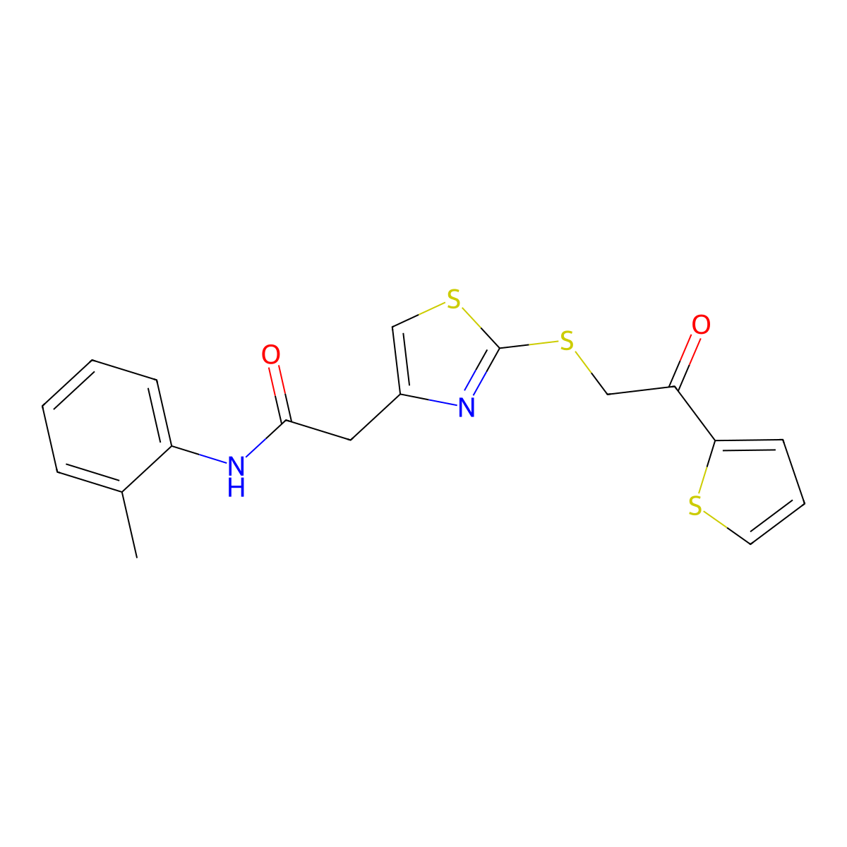 2-(2-((2-oxo-2-(thiophen-2-yl)ethyl)thio)thiazol-4-yl)-N-(o-tolyl)acetamide molecular structure, CAS 1040638-44-5
