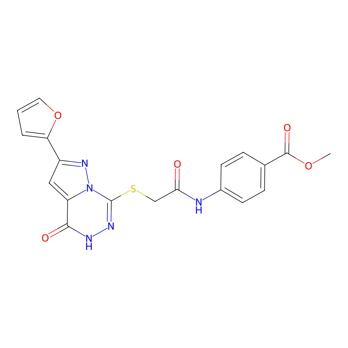 methyl 4-(2-{[2-(furan-2-yl)-4-oxo-4H,5H-pyrazolo[1,5-d][1,2,4]triazin-7-yl]sulfanyl}acetamido)benzoate molecular structure, CAS 1040638-45-6