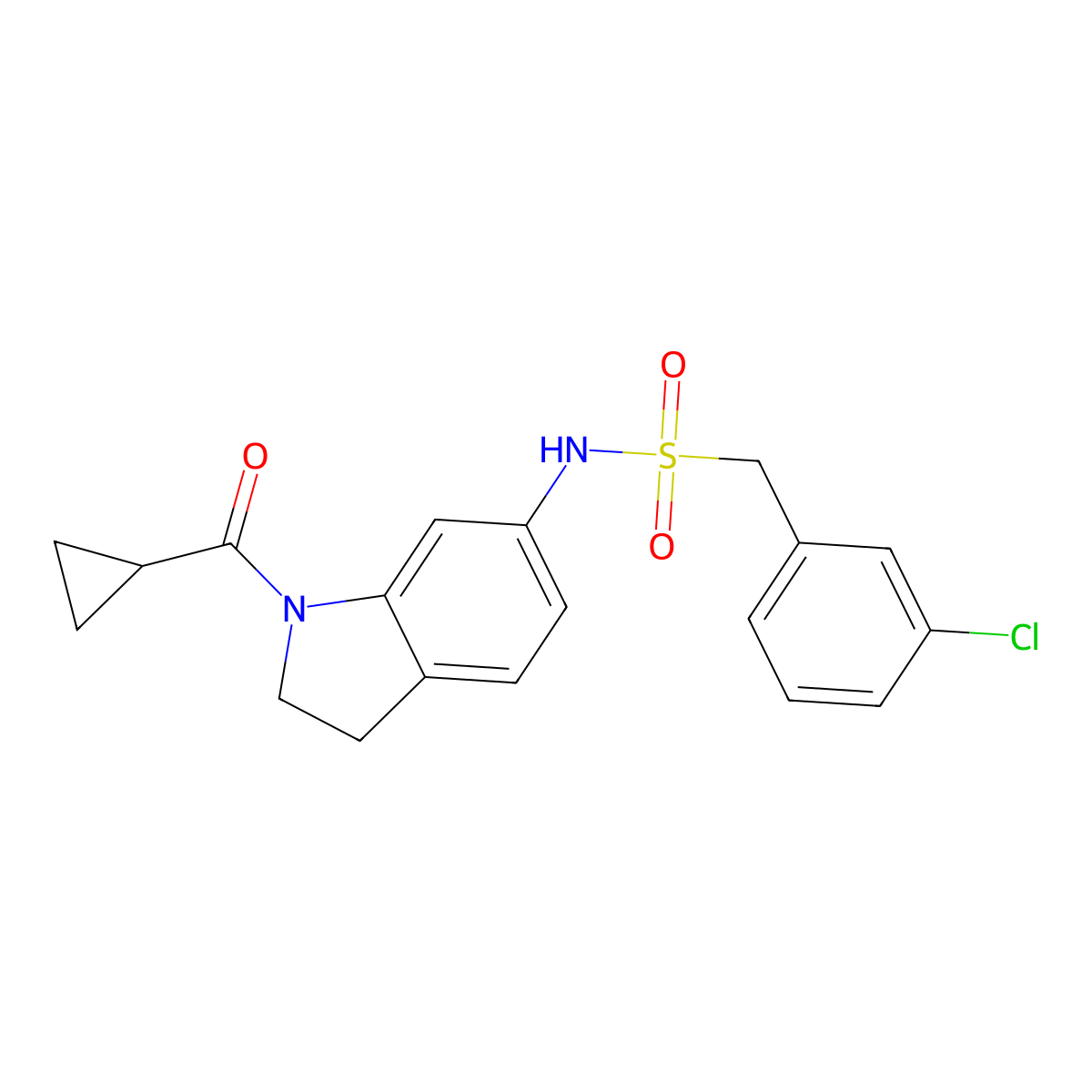 1-(3-chlorophenyl)-N-(1-(cyclopropanecarbonyl)indolin-6-yl)methanesulfonamide molecular structure, CAS 1040638-47-8