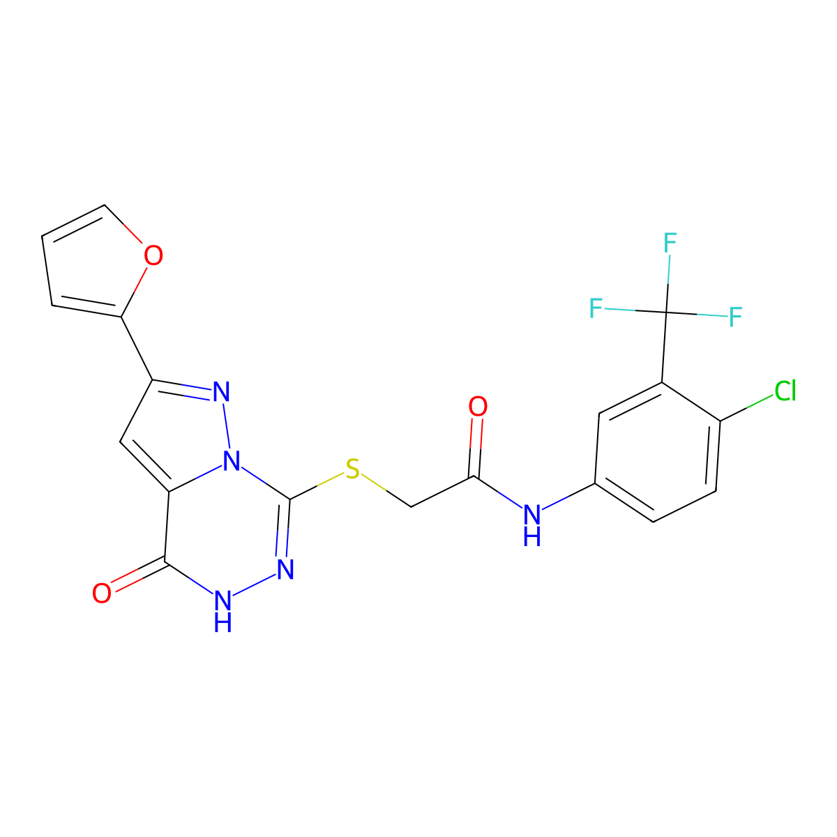 N-(4-chloro-3-(trifluoromethyl)phenyl)-2-((8-(furan-2-yl)-(oxo)dihydropyrazolo[1,5-d][1,2,4]triazin-2-yl)thio)acetamide molecular structure, CAS 1040638-53-6