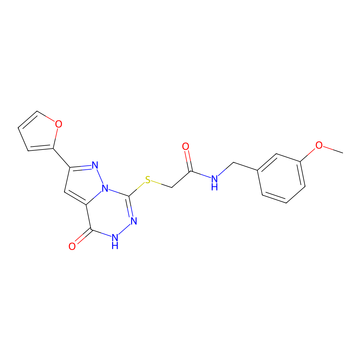 2-{[2-(furan-2-yl)-4-oxo-4H,5H-pyrazolo[1,5-d][1,2,4]triazin-7-yl]sulfanyl}-N-[(3-methoxyphenyl)methyl]acetamide molecular structure, CAS 1040638-61-6