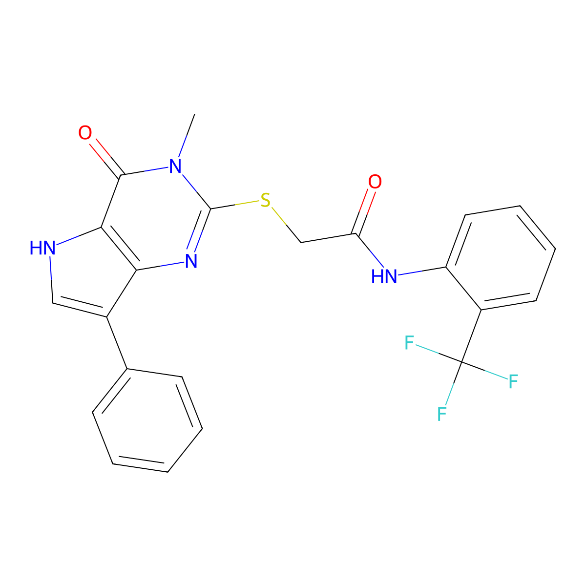 2-({3-methyl-4-oxo-7-phenyl-3H,4H,5H-pyrrolo[3,2-d]pyrimidin-2-yl}sulfanyl)-N-[2-(trifluoromethyl)phenyl]acetamide molecular structure, CAS 1040638-62-7