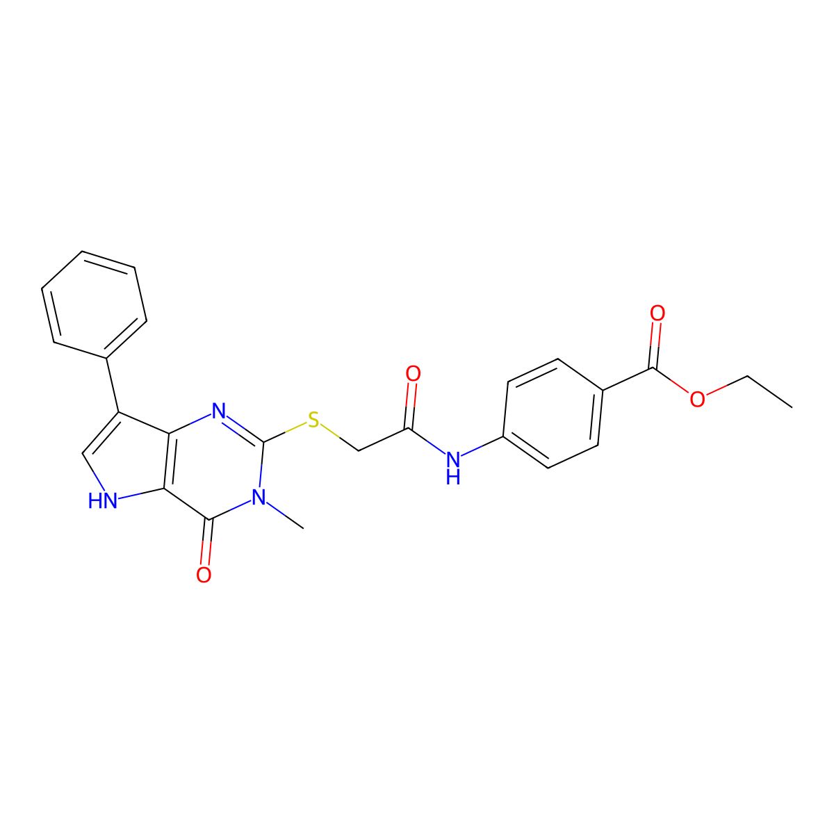 ethyl 4-[2-({3-methyl-4-oxo-7-phenyl-3H,4H,5H-pyrrolo[3,2-d]pyrimidin-2-yl}sulfanyl)acetamido]benzoate molecular structure, CAS 1040638-70-7