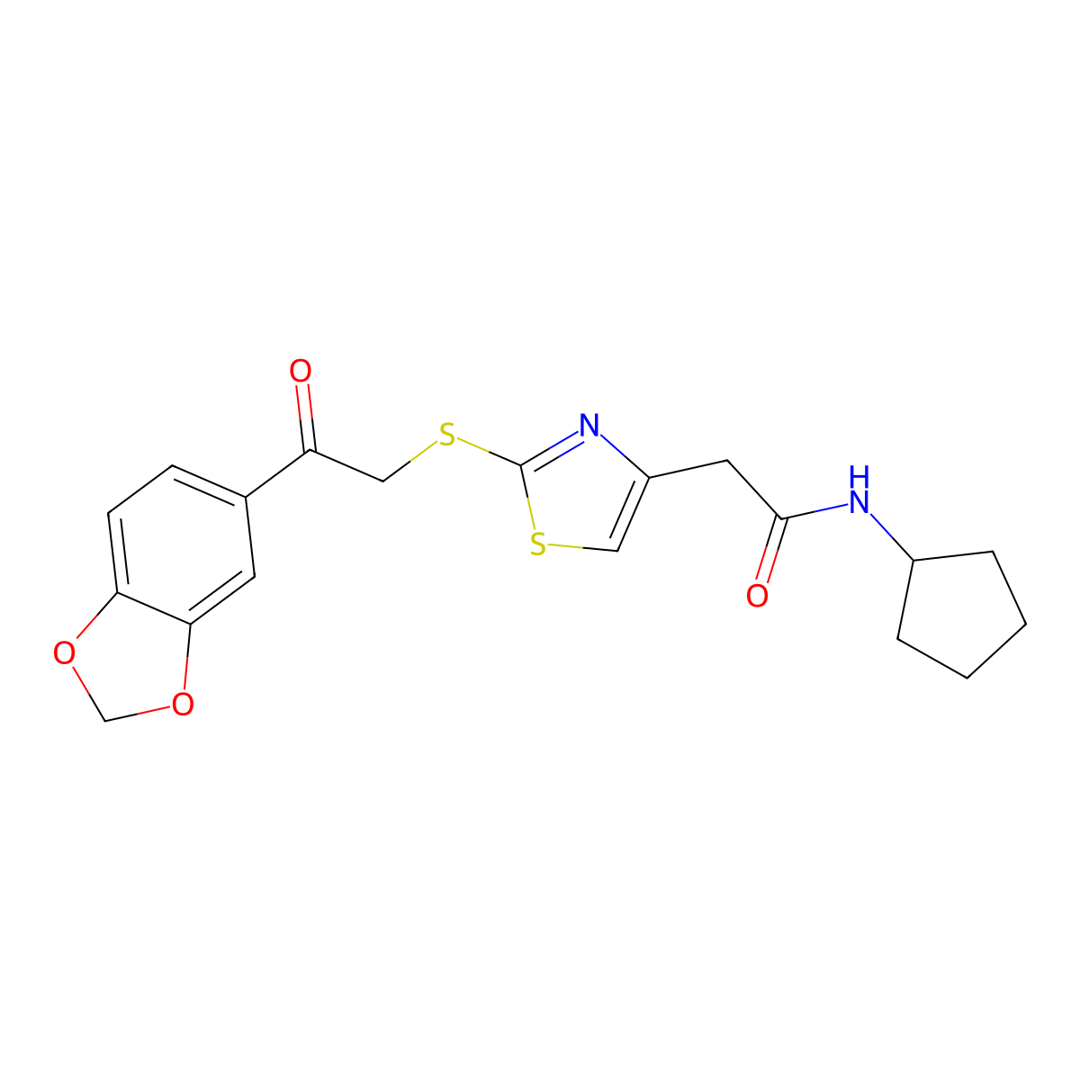 2-(2-((2-(benzo[d][1,3]dioxol-5-yl)-2-oxoethyl)thio)thiazol-4-yl)-N-cyclopentylacetamide molecular structure, CAS 1040638-75-2