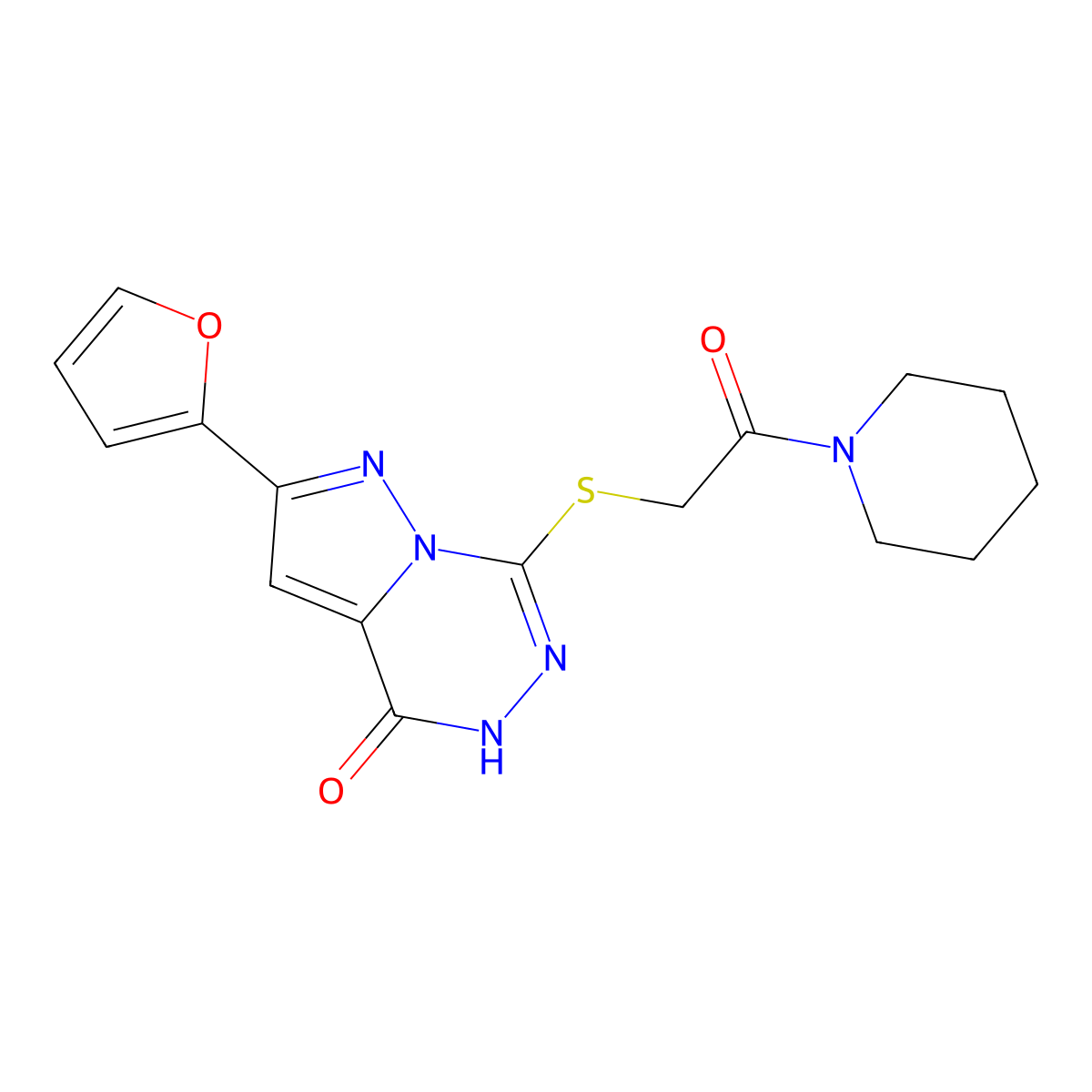 2-(furan-2-yl)-7-{[2-oxo-2-(piperidin-1-yl)ethyl]sulfanyl}-4H,5H-pyrazolo[1,5-d][1,2,4]triazin-4-one molecular structure, CAS 1040638-77-4
