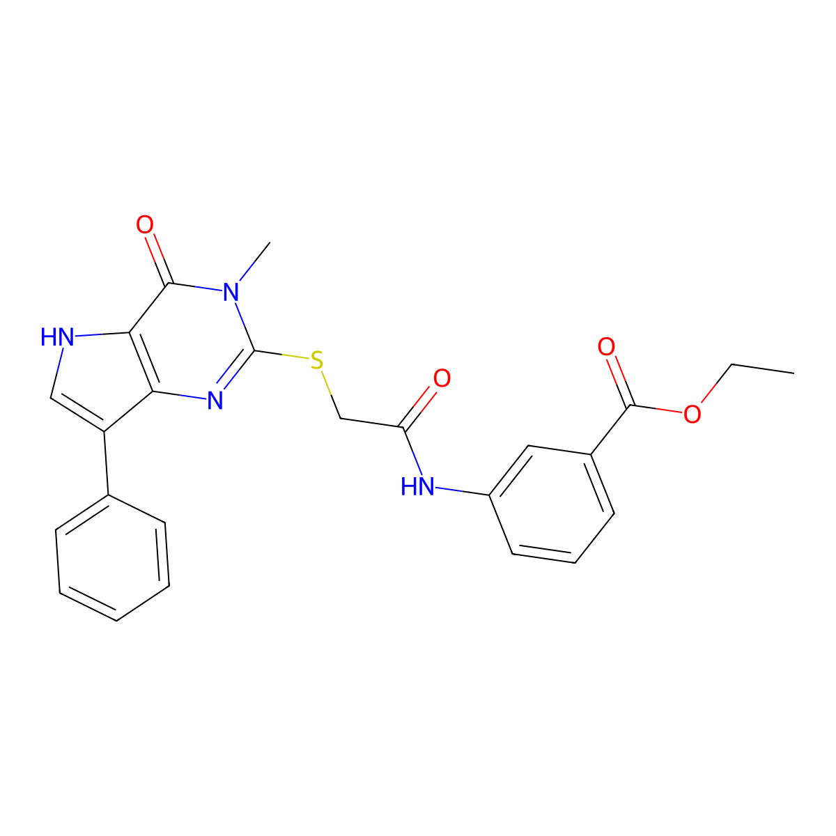 ethyl 3-[2-({3-methyl-4-oxo-7-phenyl-3H,4H,5H-pyrrolo[3,2-d]pyrimidin-2-yl}sulfanyl)acetamido]benzoate molecular structure, CAS 1040638-86-5