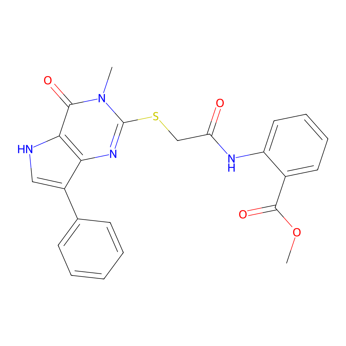 methyl 2-[2-({3-methyl-4-oxo-7-phenyl-3H,4H,5H-pyrrolo[3,2-d]pyrimidin-2-yl}sulfanyl)acetamido]benzoate molecular structure, CAS 1040638-94-5