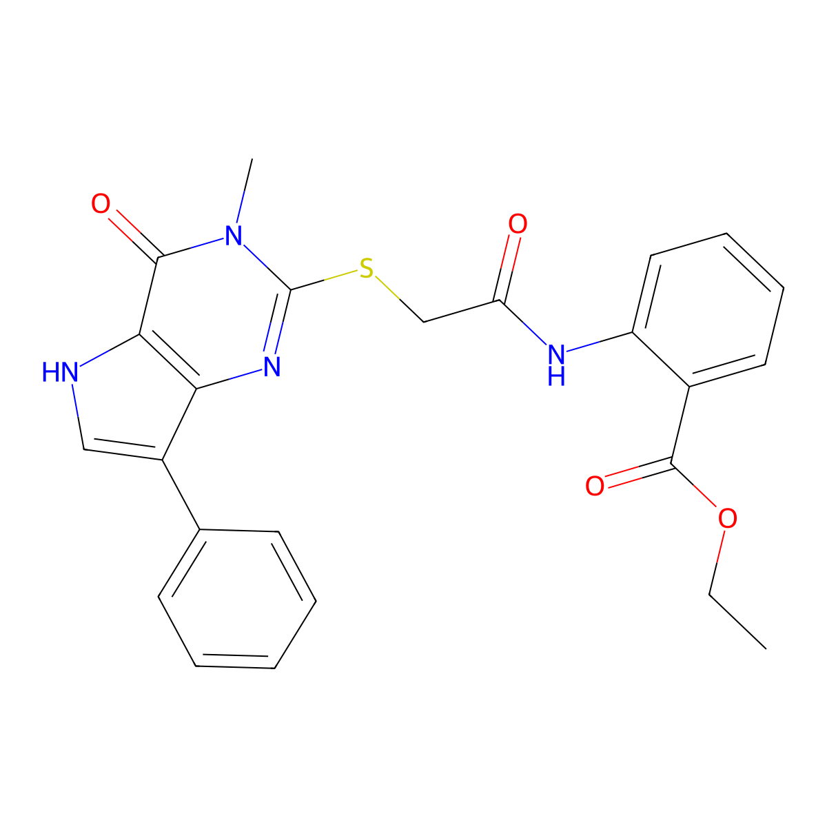 ethyl 2-[2-({3-methyl-4-oxo-7-phenyl-3H,4H,5H-pyrrolo[3,2-d]pyrimidin-2-yl}sulfanyl)acetamido]benzoate molecular structure, CAS 1040639-02-8