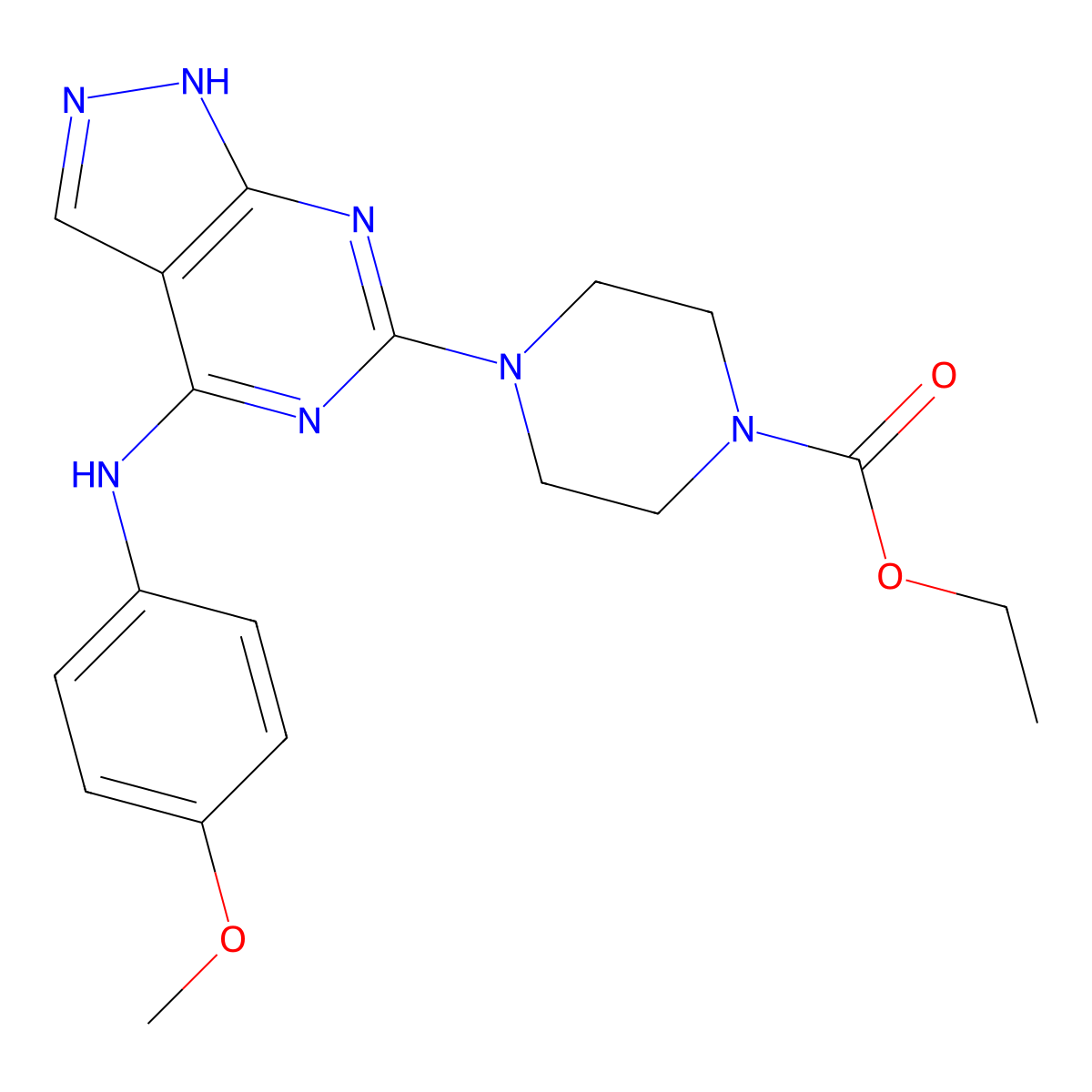 ethyl 4-{4-[(4-methoxyphenyl)amino]-1H-pyrazolo[3,4-d]pyrimidin-6-yl}piperazine-1-carboxylate molecular structure, CAS 1040639-13-1