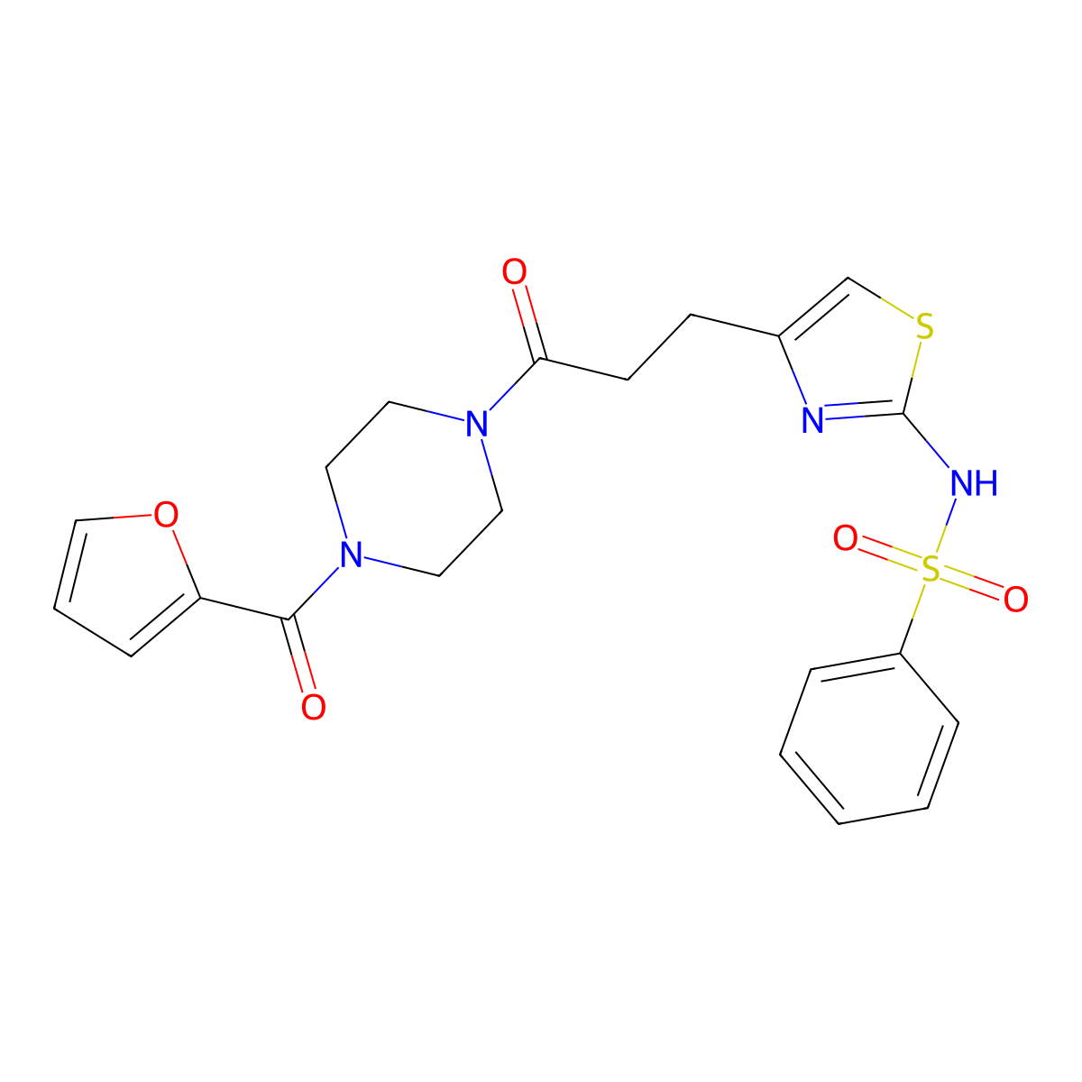 N-(4-(3-(4-(furan-2-carbonyl)piperazin-1-yl)-3-oxopropyl)thiazol-2-yl)benzenesulfonamide molecular structure, CAS 1040639-50-6