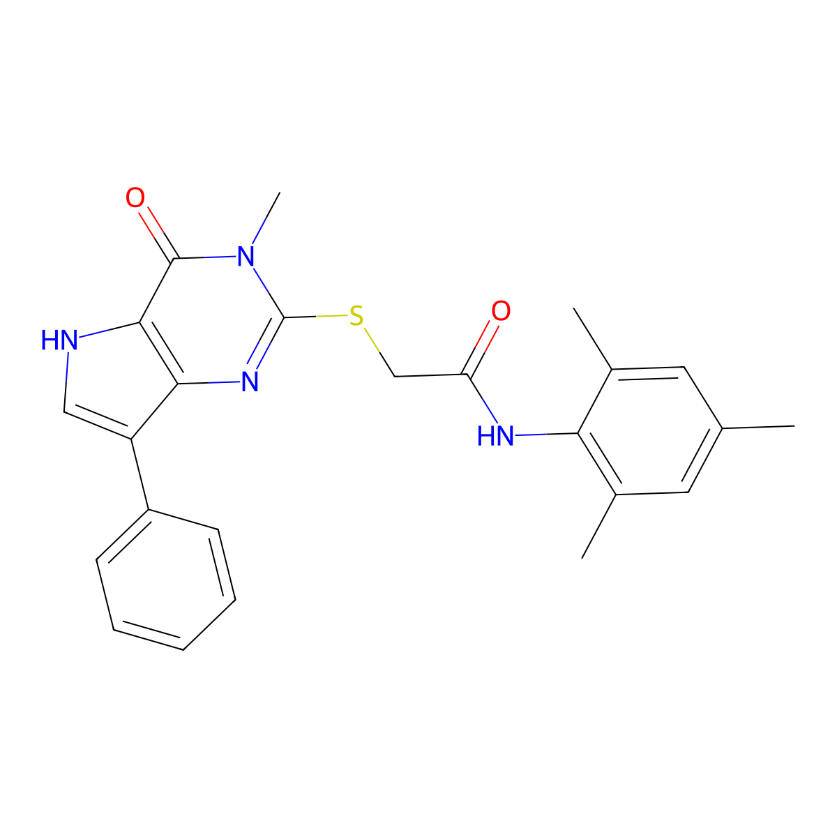 2-({3-methyl-4-oxo-7-phenyl-3H,4H,5H-pyrrolo[3,2-d]pyrimidin-2-yl}sulfanyl)-N-(2,4,6-trimethylphenyl)acetamide molecular structure, CAS 1040639-68-6