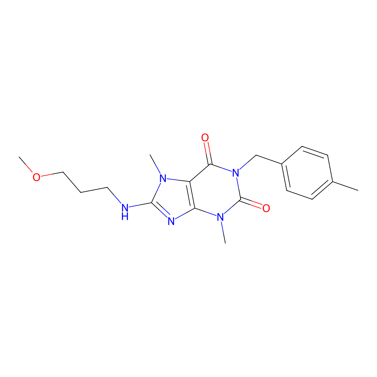 8-[(3-methoxypropyl)amino]-3,7-dimethyl-1-[(4-methylphenyl)methyl]-2,3,6,7-tetrahydro-1H-purine-2,6-dione molecular structure, CAS 1040640-37-6