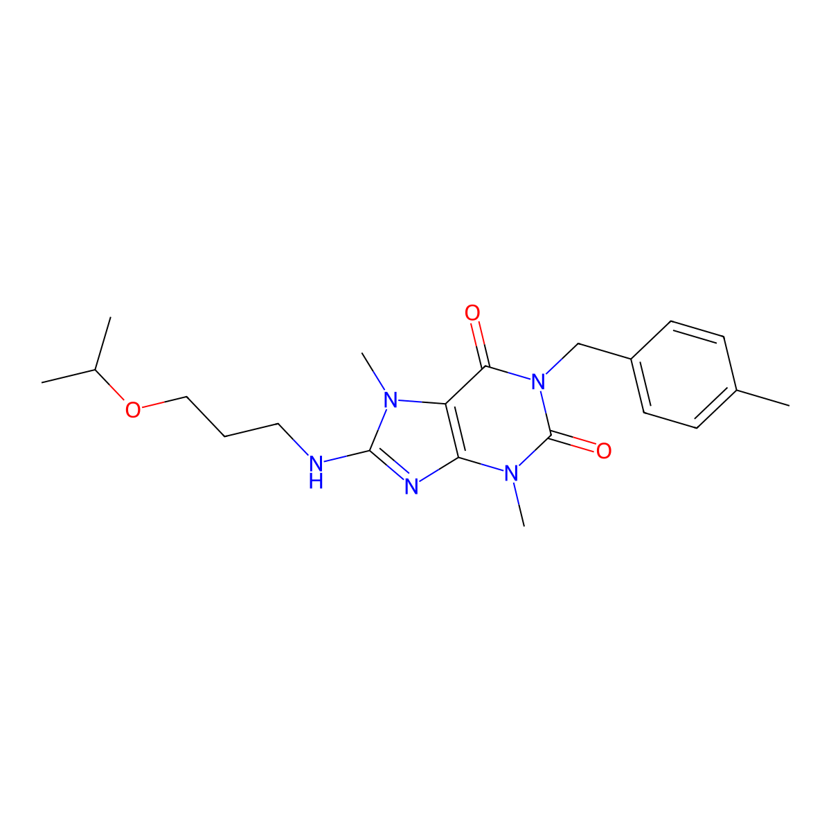 3,7-dimethyl-1-[(4-methylphenyl)methyl]-8-{[3-(propan-2-yloxy)propyl]amino}-2,3,6,7-tetrahydro-1H-purine-2,6-dione molecular structure, CAS 1040640-45-6