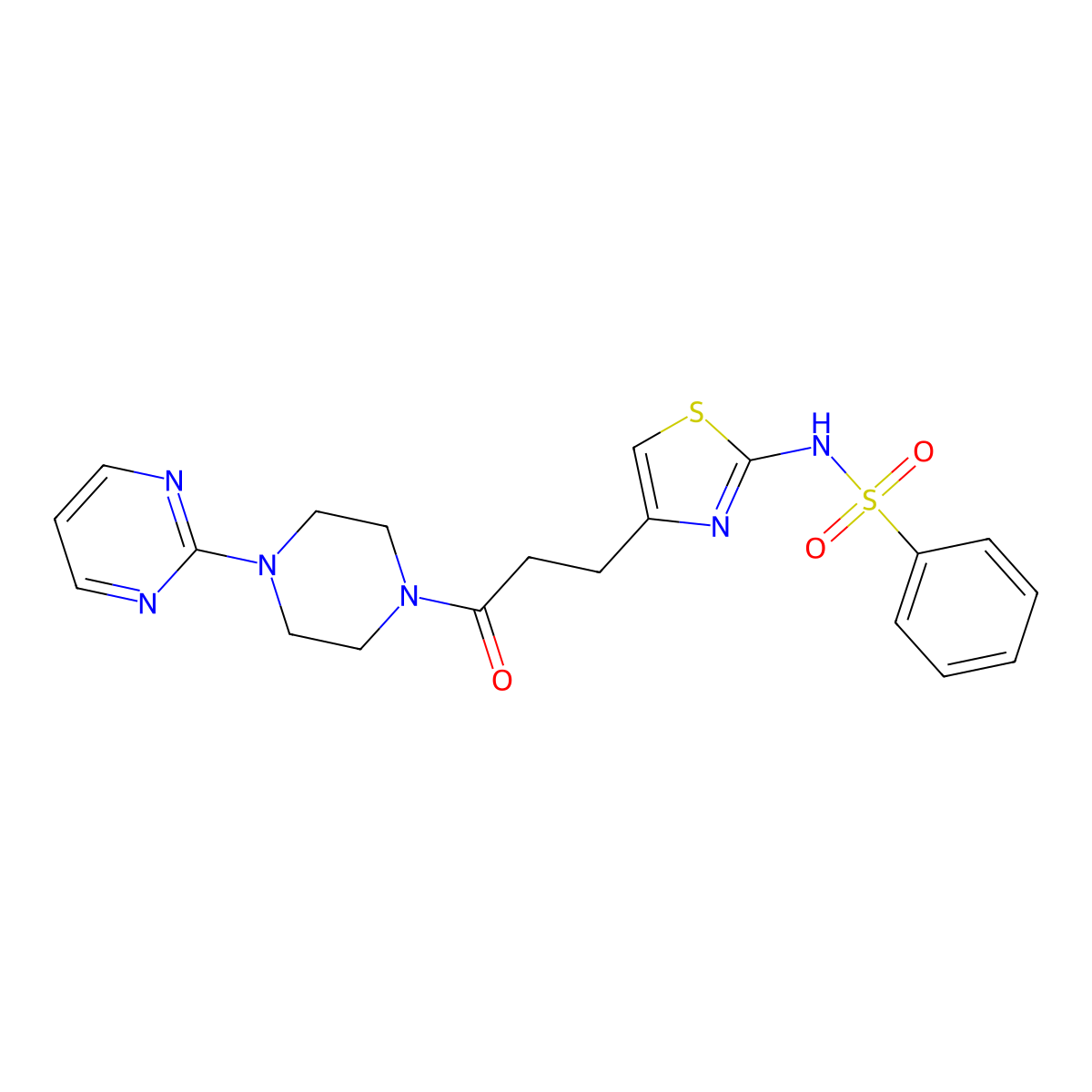 N-(4-(3-oxo-3-(4-(pyrimidin-2-yl)piperazin-1-yl)propyl)thiazol-2-yl)benzenesulfonamide molecular structure, CAS 1040640-52-5