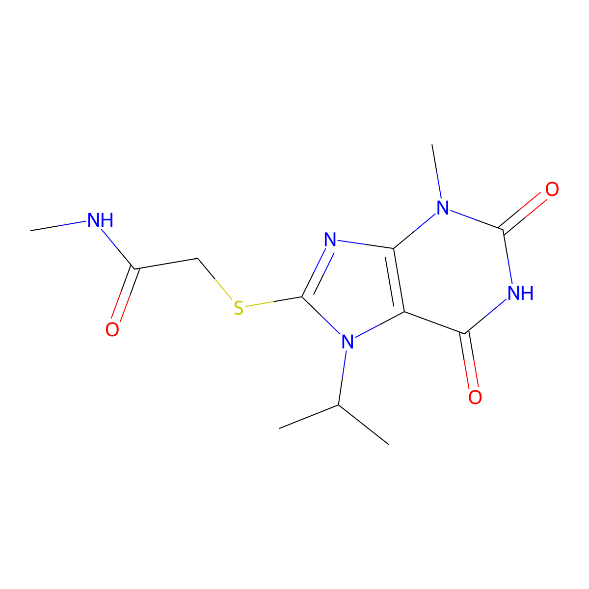 N-methyl-2-{[3-methyl-2,6-dioxo-7-(propan-2-yl)-2,3,6,7-tetrahydro-1H-purin-8-yl]sulfanyl}acetamide molecular structure, CAS 1040640-74-1