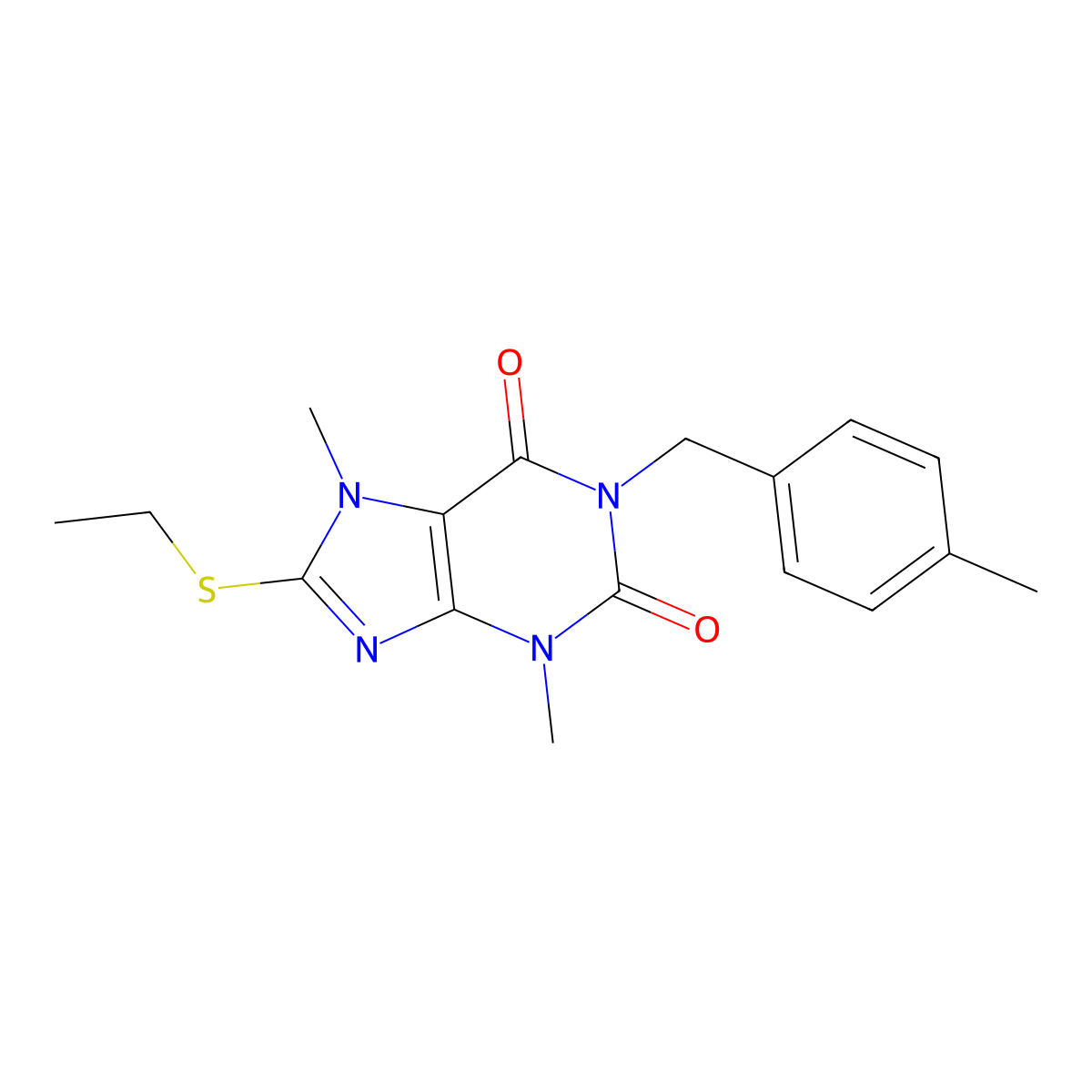 8-(ethylsulfanyl)-3,7-dimethyl-1-[(4-methylphenyl)methyl]-2,3,6,7-tetrahydro-1H-purine-2,6-dione molecular structure, CAS 1040640-81-0