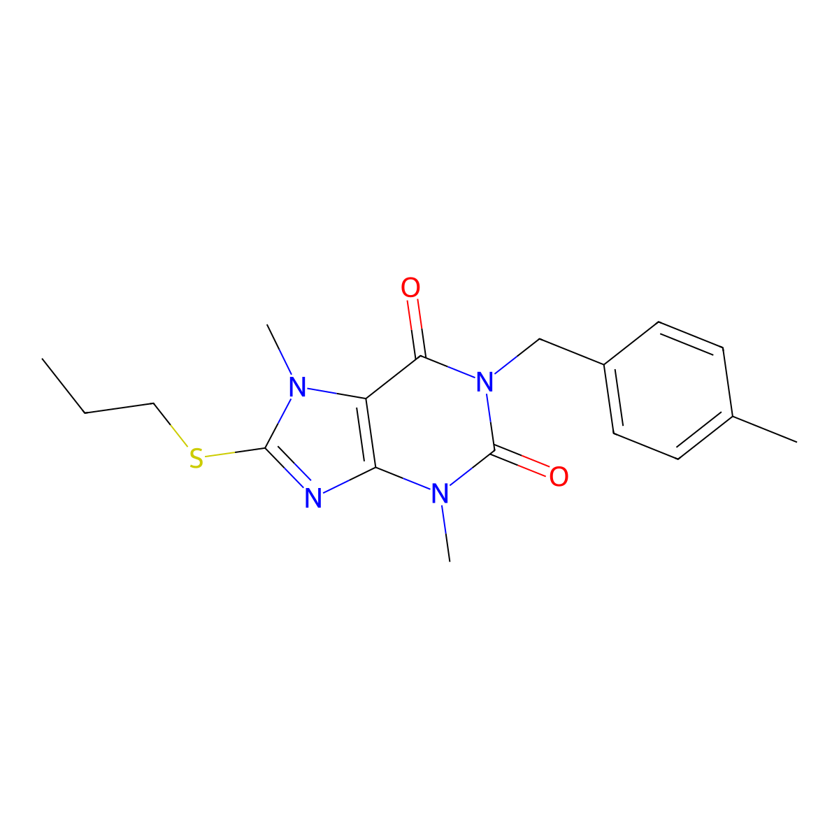 3,7-dimethyl-1-(4-methylbenzyl)-8-(propylthio)-1H-purine-2,6(3H,7H)-dione molecular structure, CAS 1040640-88-7