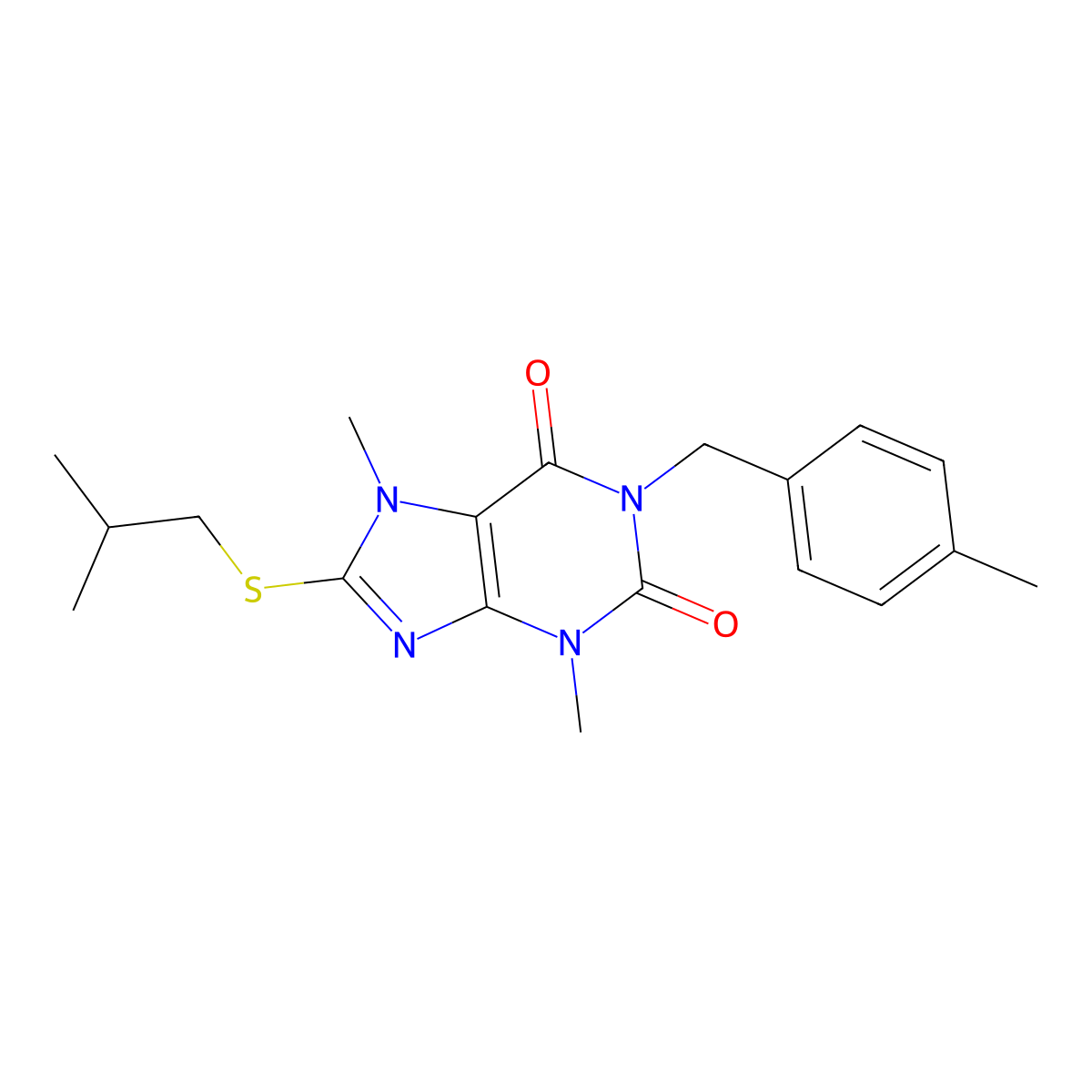 3,7-dimethyl-1-[(4-methylphenyl)methyl]-8-[(2-methylpropyl)sulfanyl]-2,3,6,7-tetrahydro-1H-purine-2,6-dione molecular structure, CAS 1040640-95-6
