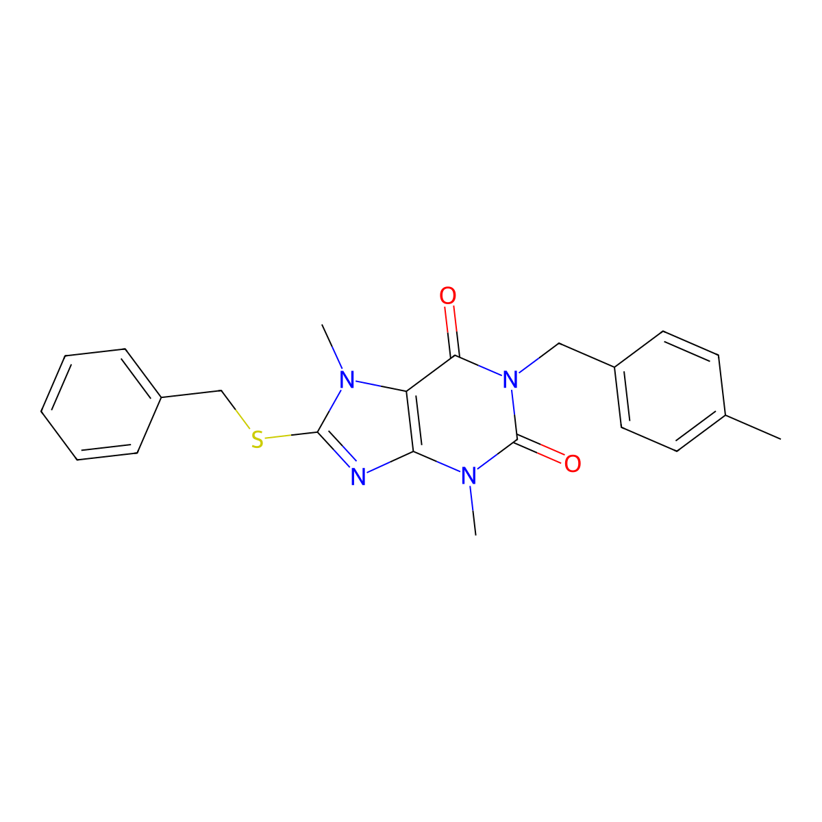 8-(benzylsulfanyl)-3,7-dimethyl-1-[(4-methylphenyl)methyl]-2,3,6,7-tetrahydro-1H-purine-2,6-dione molecular structure, CAS 1040641-03-9