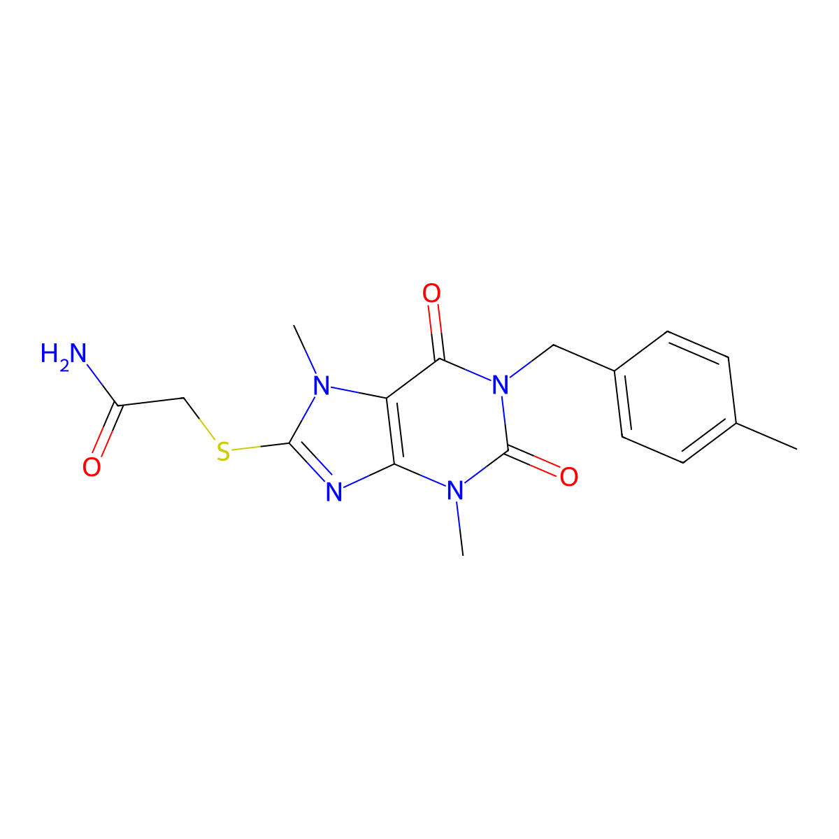 2-({3,7-dimethyl-1-[(4-methylphenyl)methyl]-2,6-dioxo-2,3,6,7-tetrahydro-1H-purin-8-yl}sulfanyl)acetamide molecular structure, CAS 1040641-11-9