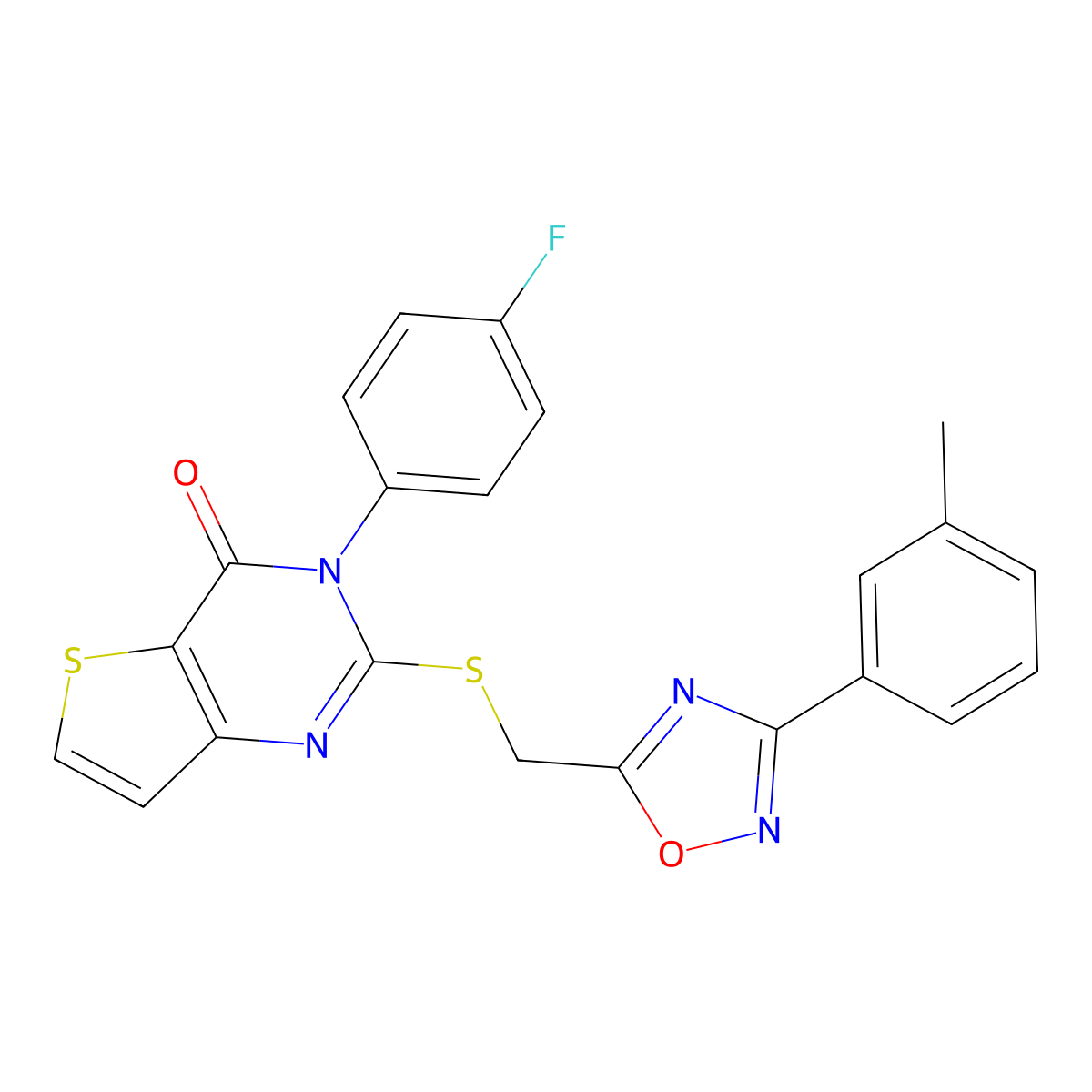 3-(4-fluorophenyl)-2-(((3-(m-tolyl)-1,2,4-oxadiazol-5-yl)methyl)thio)thieno[3,2-d]pyrimidin-4(3H)-one molecular structure, CAS 1040641-13-1