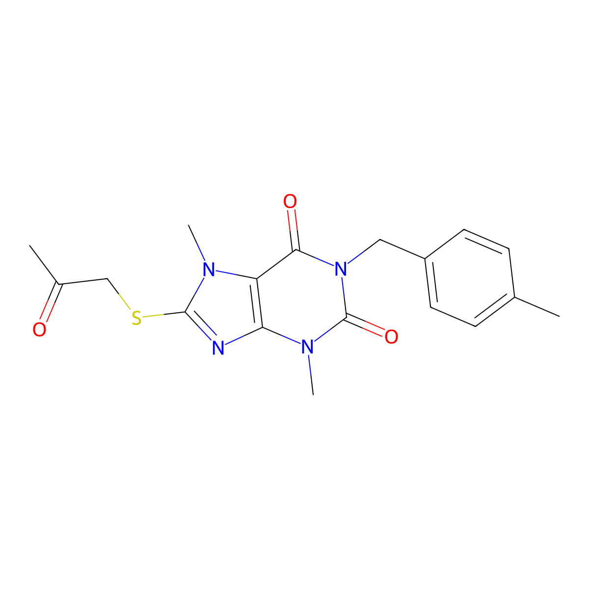 3,7-dimethyl-1-(4-methylbenzyl)-8-((2-oxopropyl)thio)-1H-purine-2,6(3H,7H)-dione molecular structure, CAS 1040641-19-7