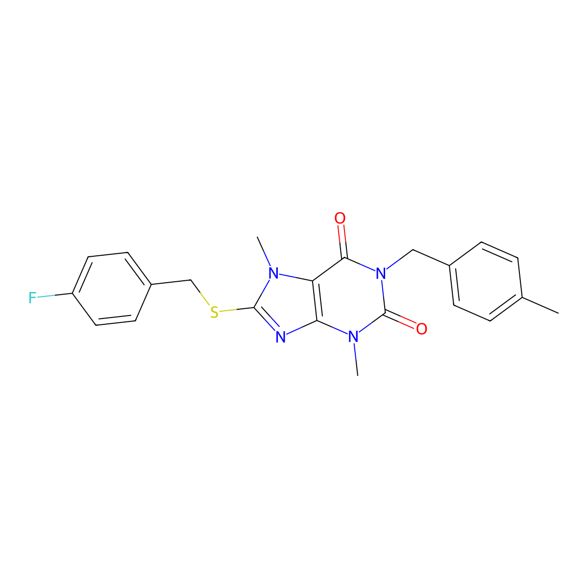 8-{[(4-fluorophenyl)methyl]sulfanyl}-3,7-dimethyl-1-[(4-methylphenyl)methyl]-2,3,6,7-tetrahydro-1H-purine-2,6-dione molecular structure, CAS 1040641-27-7