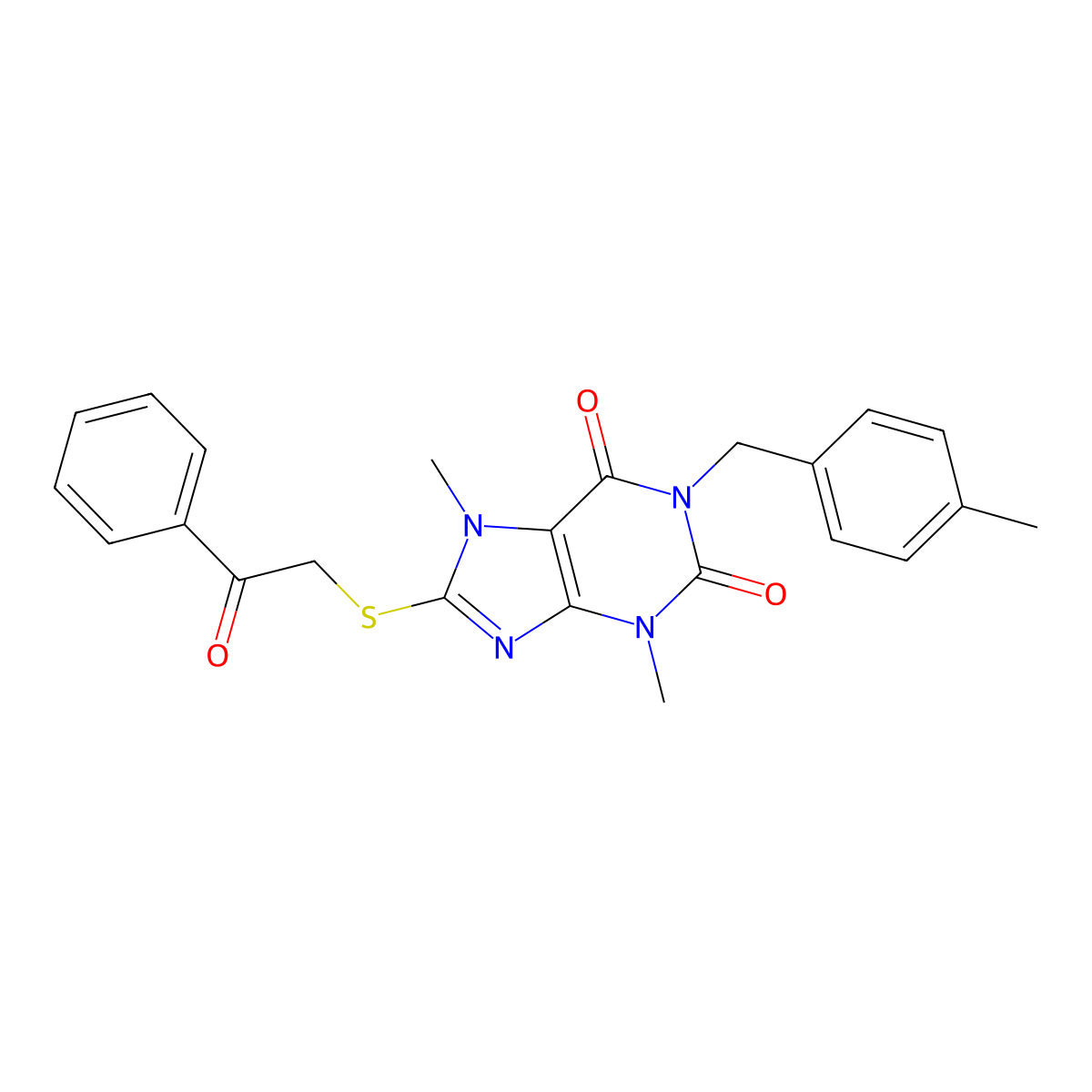 3,7-dimethyl-1-[(4-methylphenyl)methyl]-8-[(2-oxo-2-phenylethyl)sulfanyl]-2,3,6,7-tetrahydro-1H-purine-2,6-dione molecular structure, CAS 1040641-35-7
