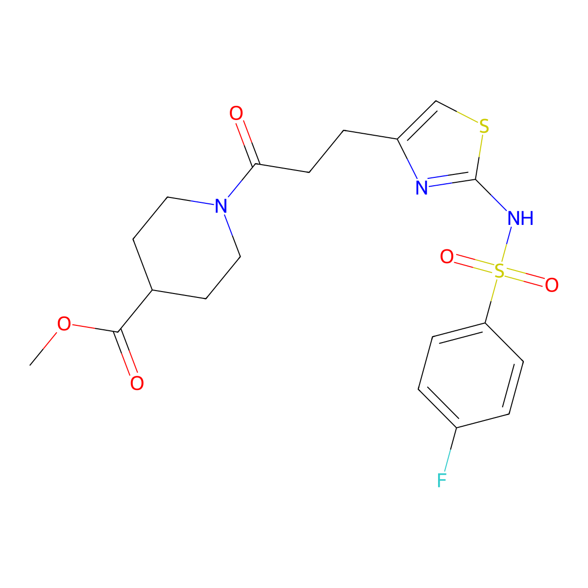 Methyl 1-{3-[2-(4-fluorobenzenesulfonamido)-1,3-thiazol-4-yl]propanoyl}piperidine-4-carboxylate molecular structure, CAS 1040641-36-8