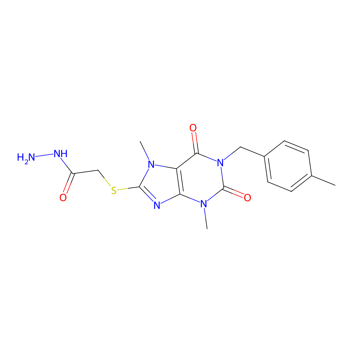 2-({3,7-dimethyl-1-[(4-methylphenyl)methyl]-2,6-dioxo-2,3,6,7-tetrahydro-1H-purin-8-yl}sulfanyl)acetohydrazide molecular structure, CAS 1040641-43-7