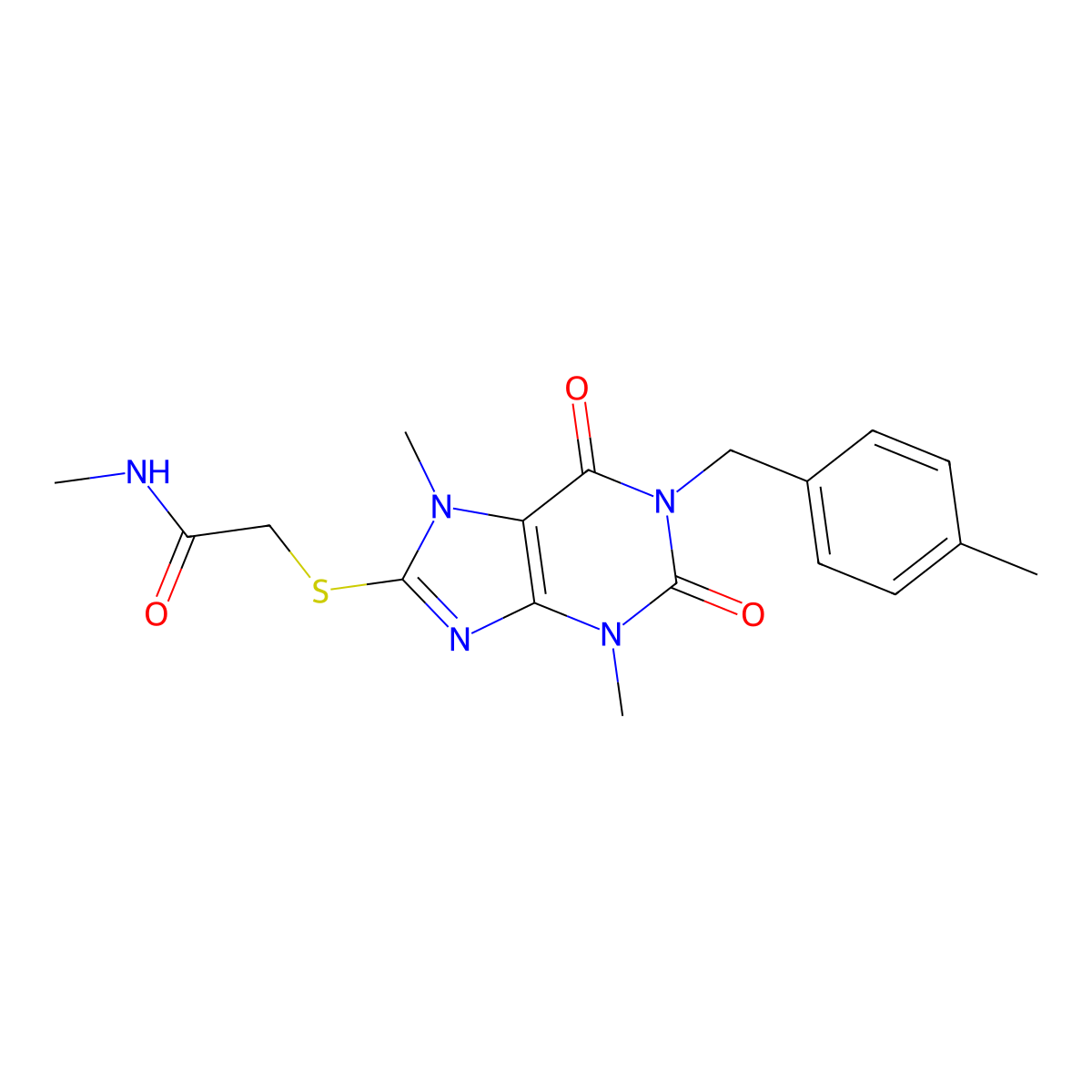 2-({3,7-dimethyl-1-[(4-methylphenyl)methyl]-2,6-dioxo-2,3,6,7-tetrahydro-1H-purin-8-yl}sulfanyl)-N-methylacetamide molecular structure, CAS 1040641-51-7