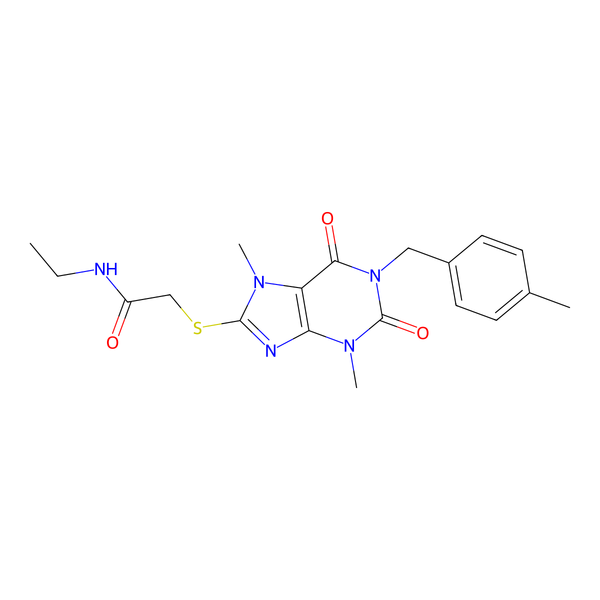 2-({3,7-dimethyl-1-[(4-methylphenyl)methyl]-2,6-dioxo-2,3,6,7-tetrahydro-1H-purin-8-yl}sulfanyl)-N-ethylacetamide molecular structure, CAS 1040641-58-4