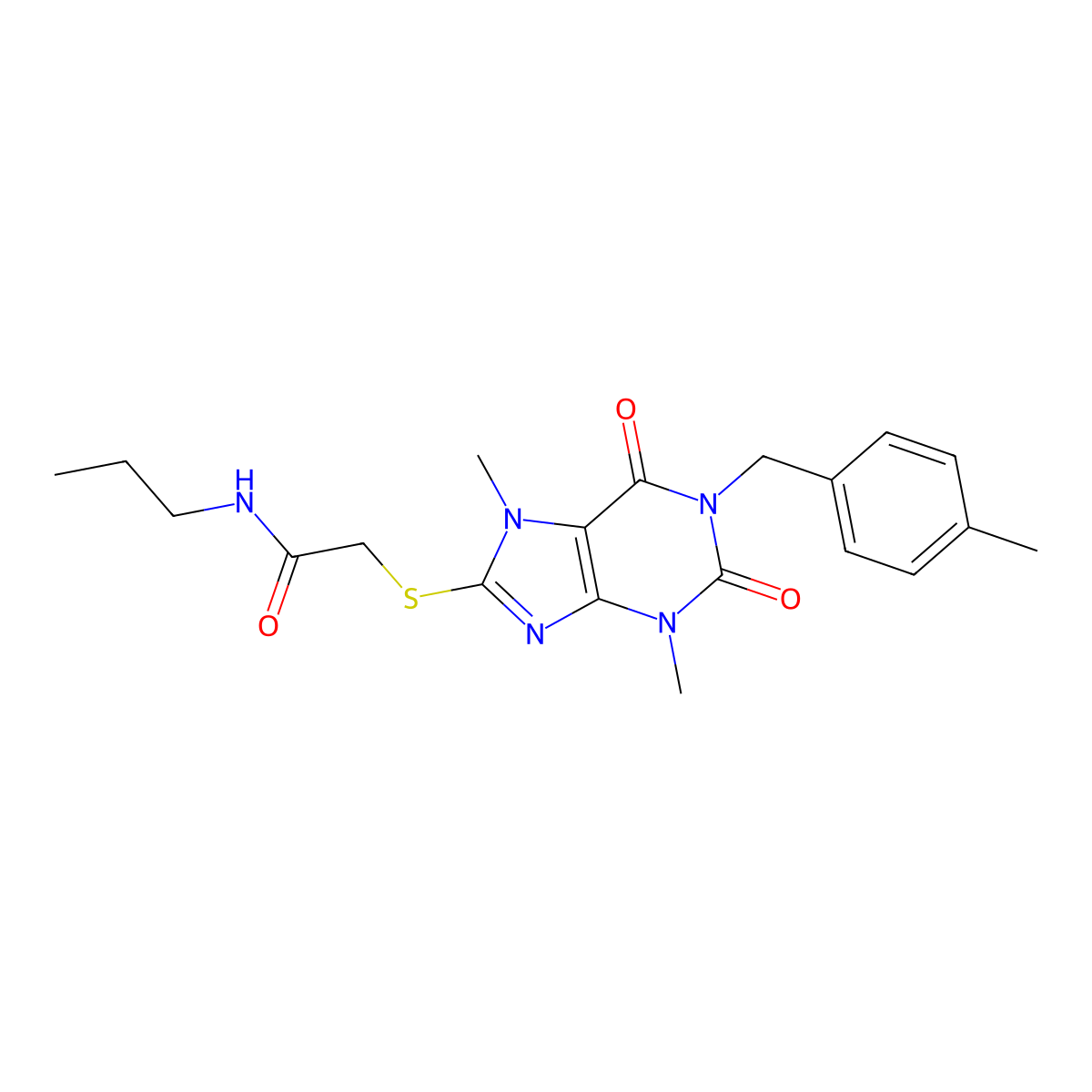 2-({3,7-dimethyl-1-[(4-methylphenyl)methyl]-2,6-dioxo-2,3,6,7-tetrahydro-1H-purin-8-yl}sulfanyl)-N-propylacetamide molecular structure, CAS 1040641-65-3