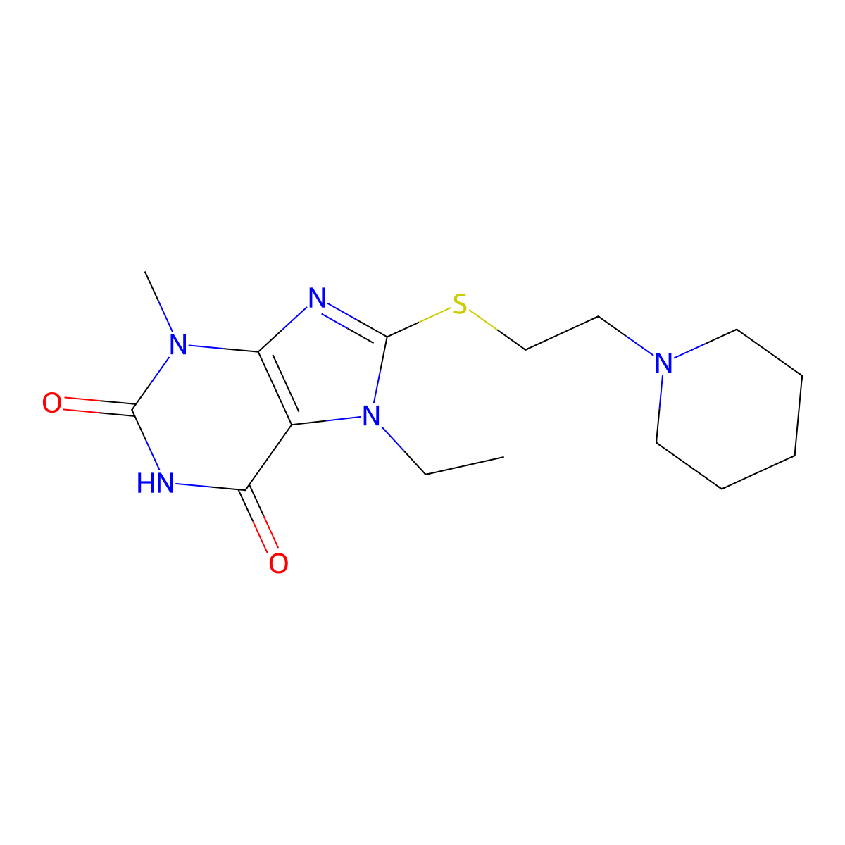7-ethyl-3-methyl-8-{[2-(piperidin-1-yl)ethyl]sulfanyl}-2,3,6,7-tetrahydro-1H-purine-2,6-dione molecular structure, CAS 1040641-72-2