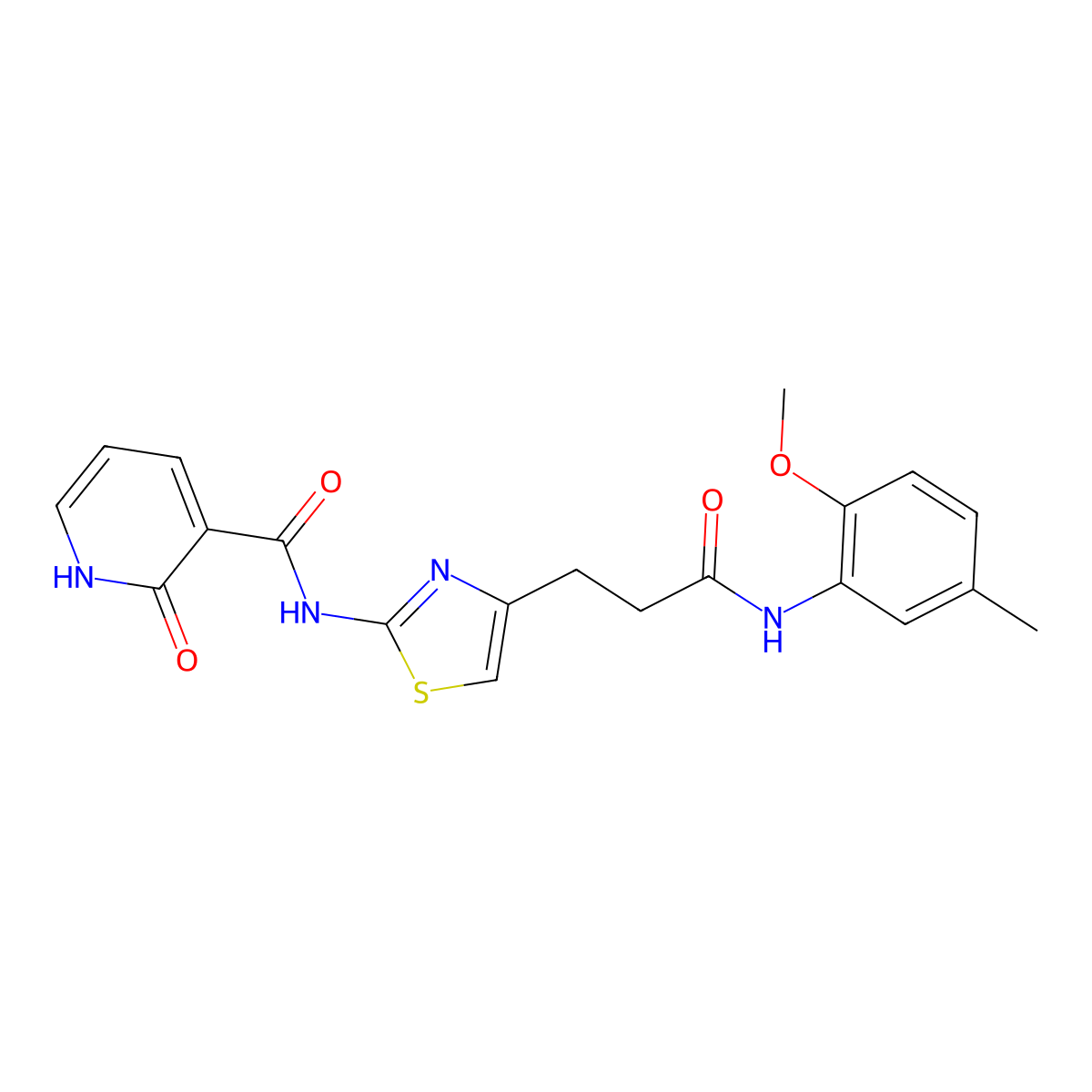 N-(4-{2-[(2-methoxy-5-methylphenyl)carbamoyl]ethyl}-1,3-thiazol-2-yl)-2-oxo-1,2-dihydropyridine-3-carboxamide molecular structure, CAS 1040641-78-8