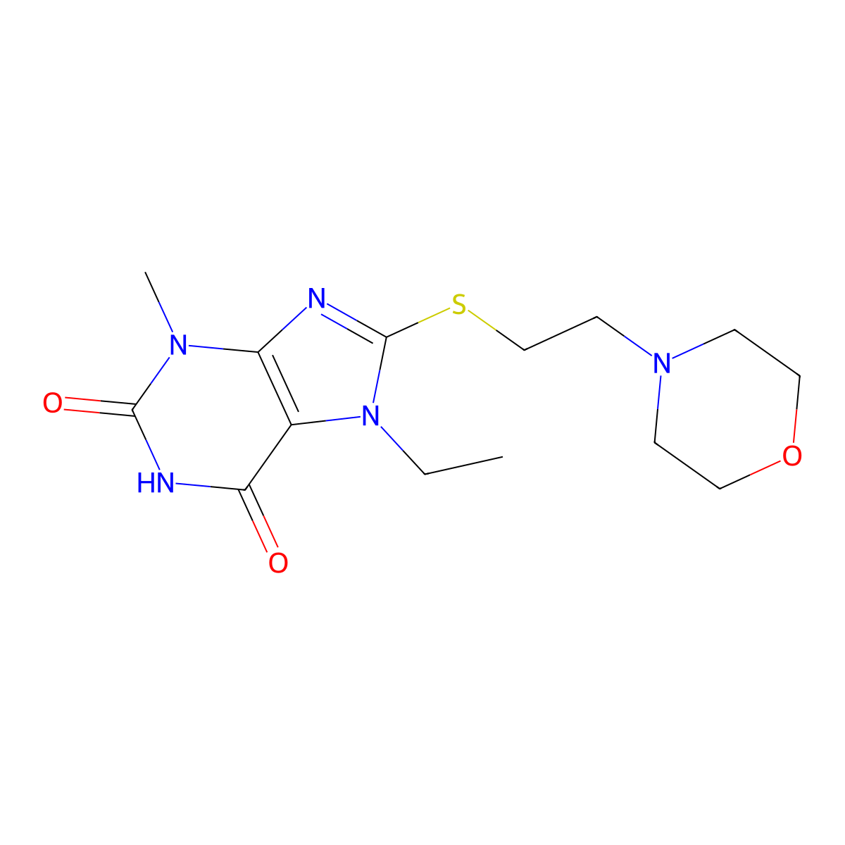7-ethyl-3-methyl-8-{[2-(morpholin-4-yl)ethyl]sulfanyl}-2,3,6,7-tetrahydro-1H-purine-2,6-dione molecular structure, CAS 1040641-80-2
