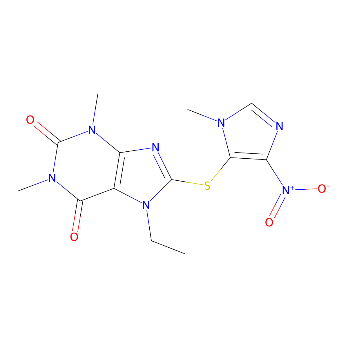 7-ethyl-1,3-dimethyl-8-((1-methyl-4-nitro-1H-imidazol-5-yl)thio)-1H-purine-2,6(3H,7H)-dione molecular structure, CAS 1040642-01-0