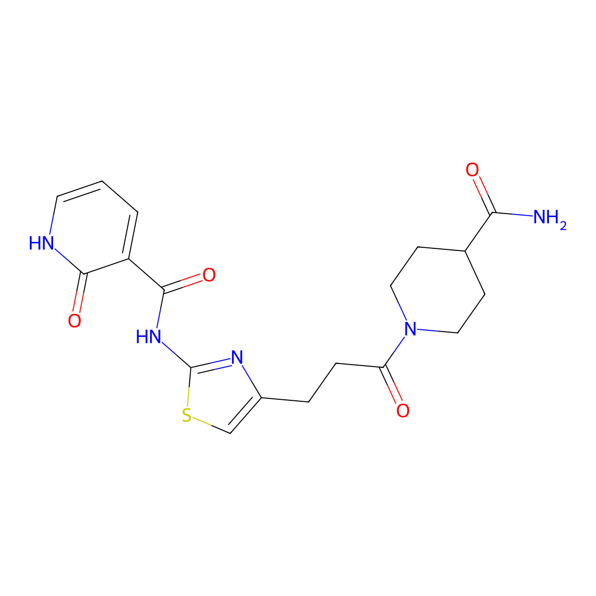 N-(4-(3-(4-carbamoylpiperidin-1-yl)-3-oxopropyl)thiazol-2-yl)-2-oxo-1,2-dihydropyridine-3-carboxamide molecular structure, CAS 1040642-06-5