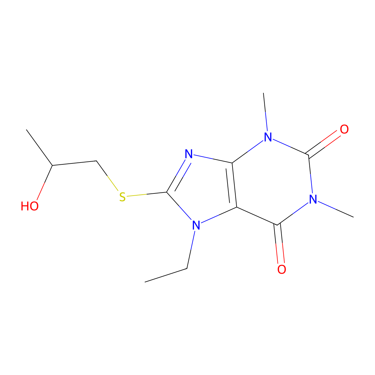 7-ethyl-8-((2-hydroxypropyl)thio)-1,3-dimethyl-1H-purine-2,6(3H,7H)-dione molecular structure, CAS 1040642-15-6