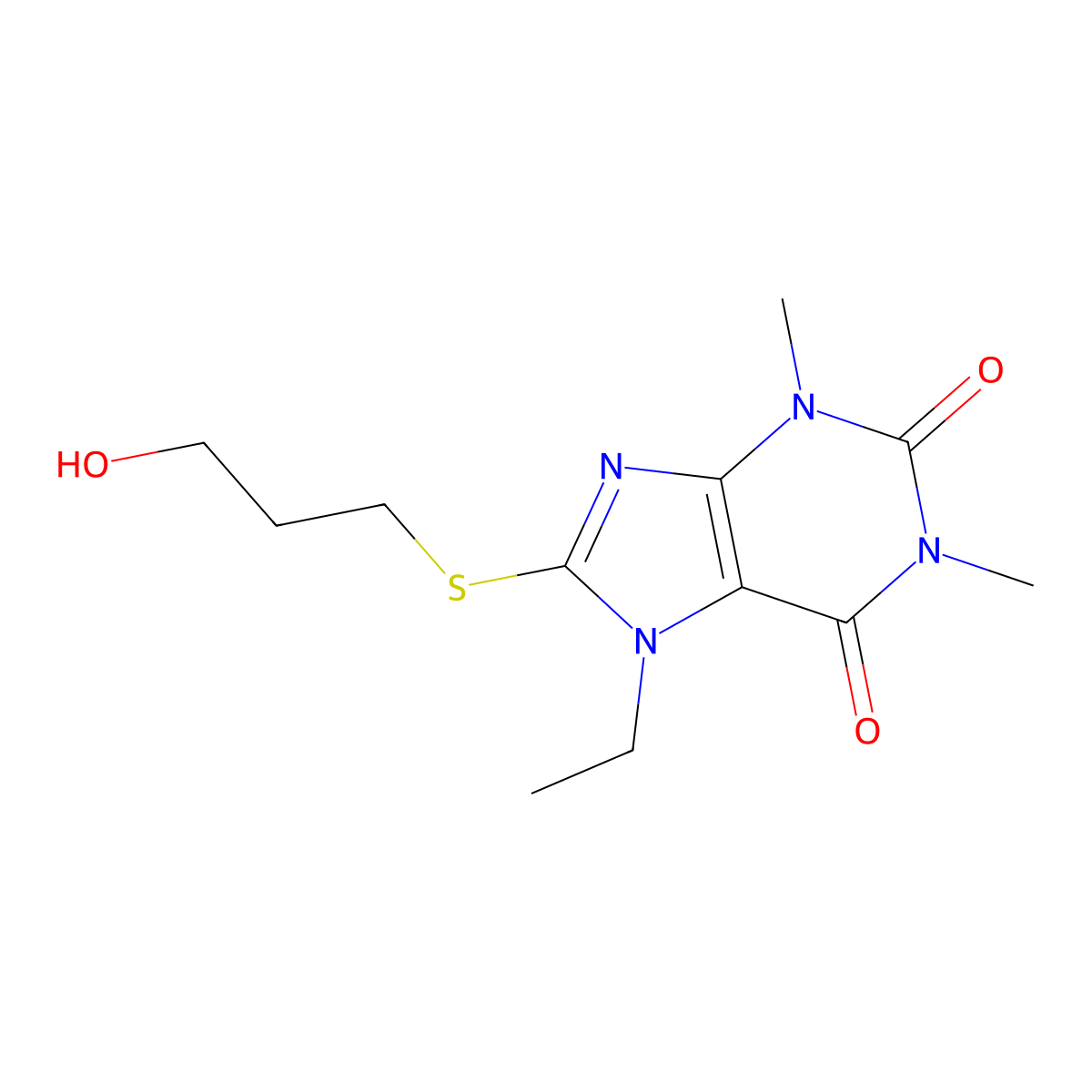 7-ethyl-8-((3-hydroxypropyl)thio)-1,3-dimethyl-1H-purine-2,6(3H,7H)-dione molecular structure, CAS 1040642-22-5