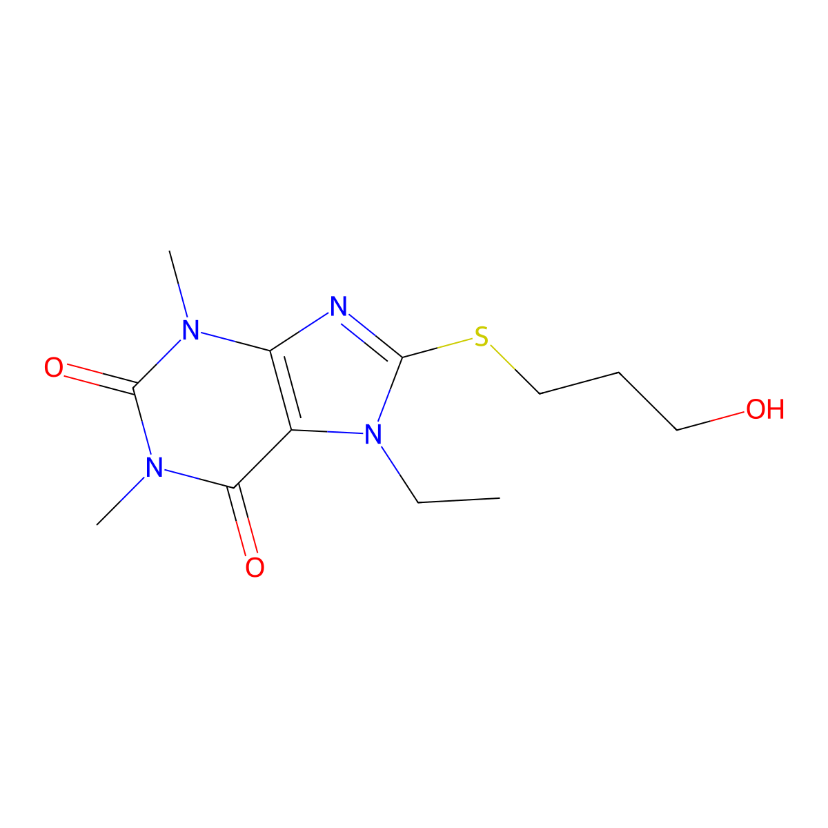 7-ethyl-8-((3-hydroxypropyl)thio)-1,3-dimethyl-1H-purine-2,6(3H,7H)-dione molecular structure, CAS 1040642-22-5