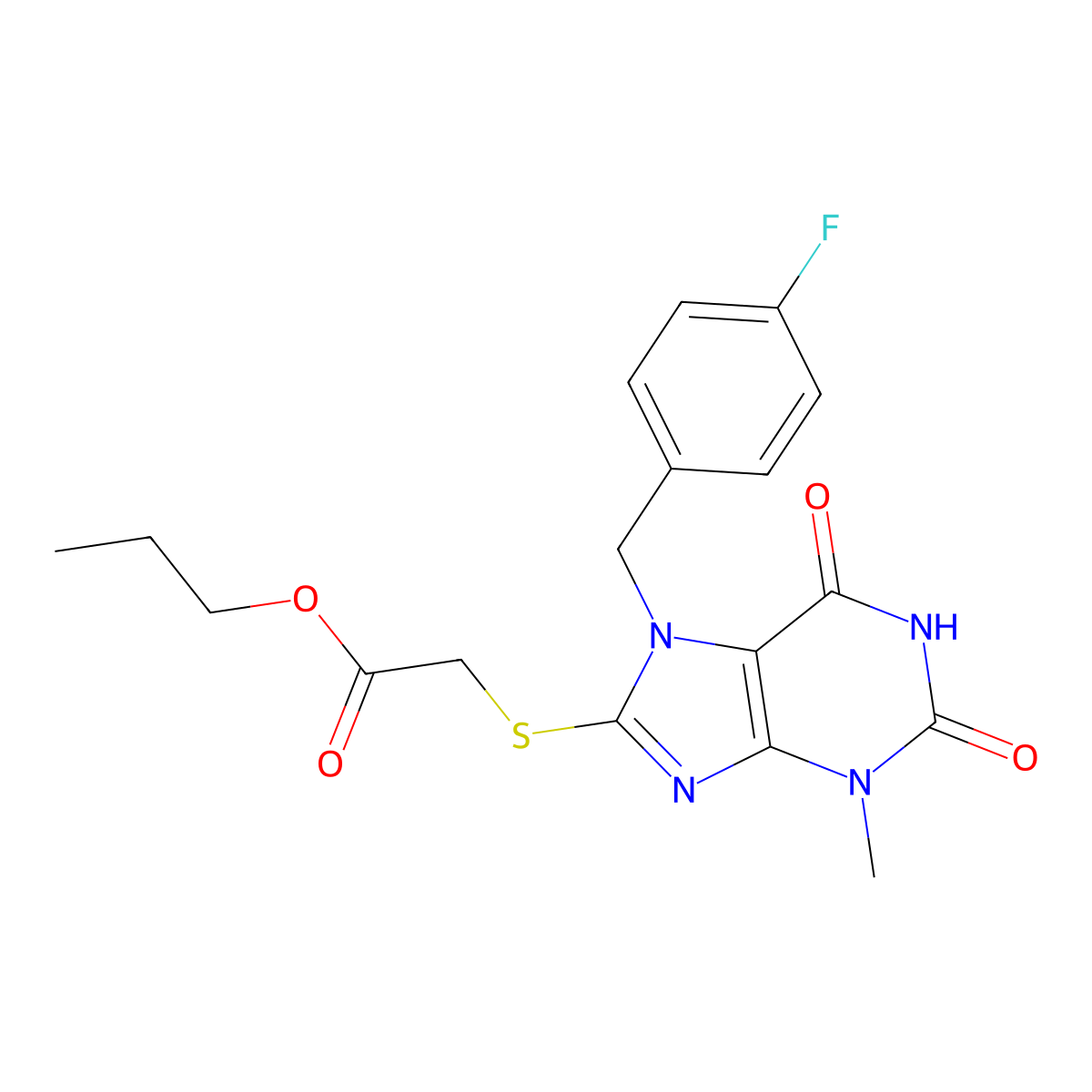 propyl 2-((7-(4-fluorobenzyl)-3-methyl-2,6-dioxo-2,3,6,7-tetrahydro-1H-purin-8-yl)thio)acetate molecular structure, CAS 1040642-37-2