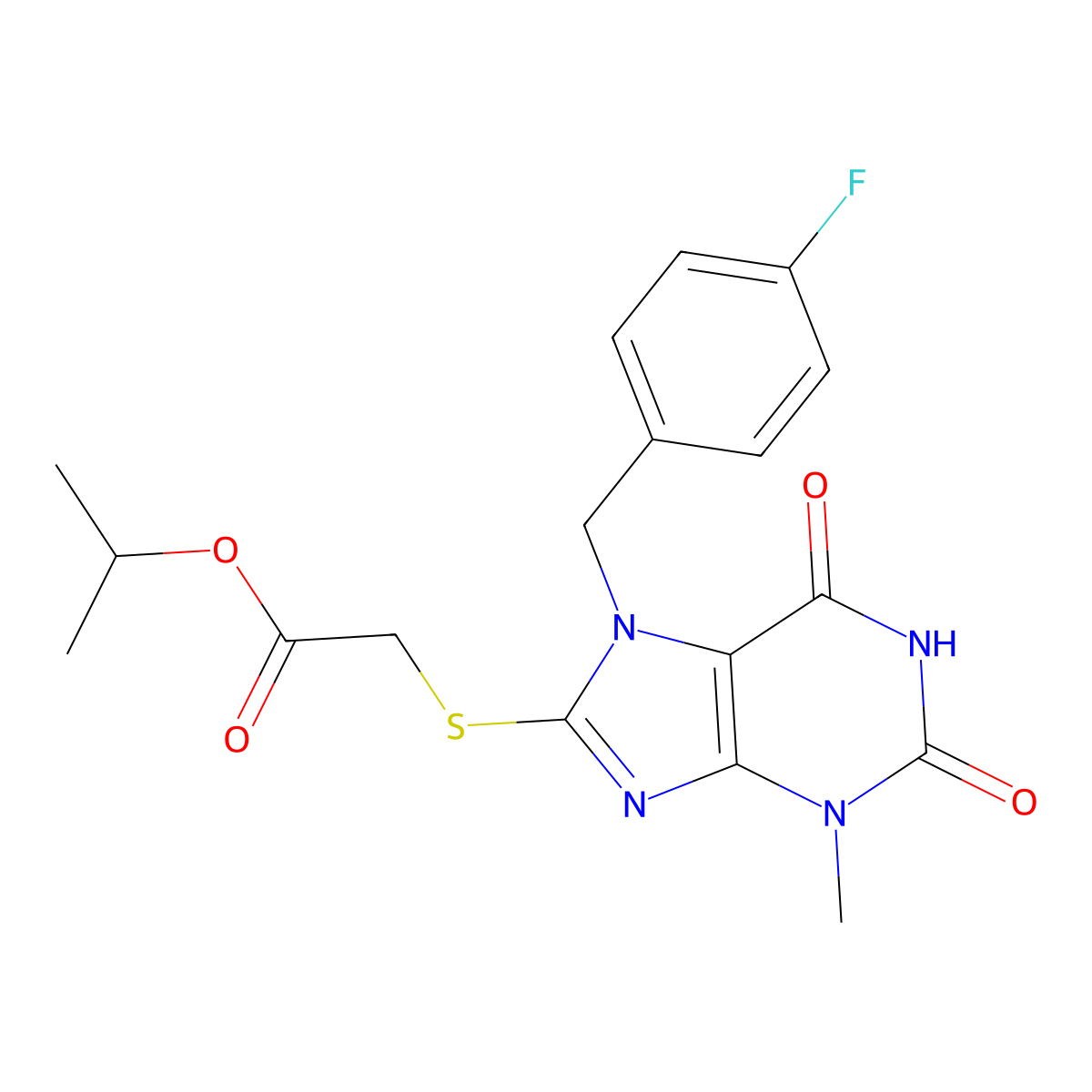 isopropyl 2-((7-(4-fluorobenzyl)-3-methyl-2,6-dioxo-2,3,6,7-tetrahydro-1H-purin-8-yl)thio)acetate molecular structure, CAS 1040642-44-1