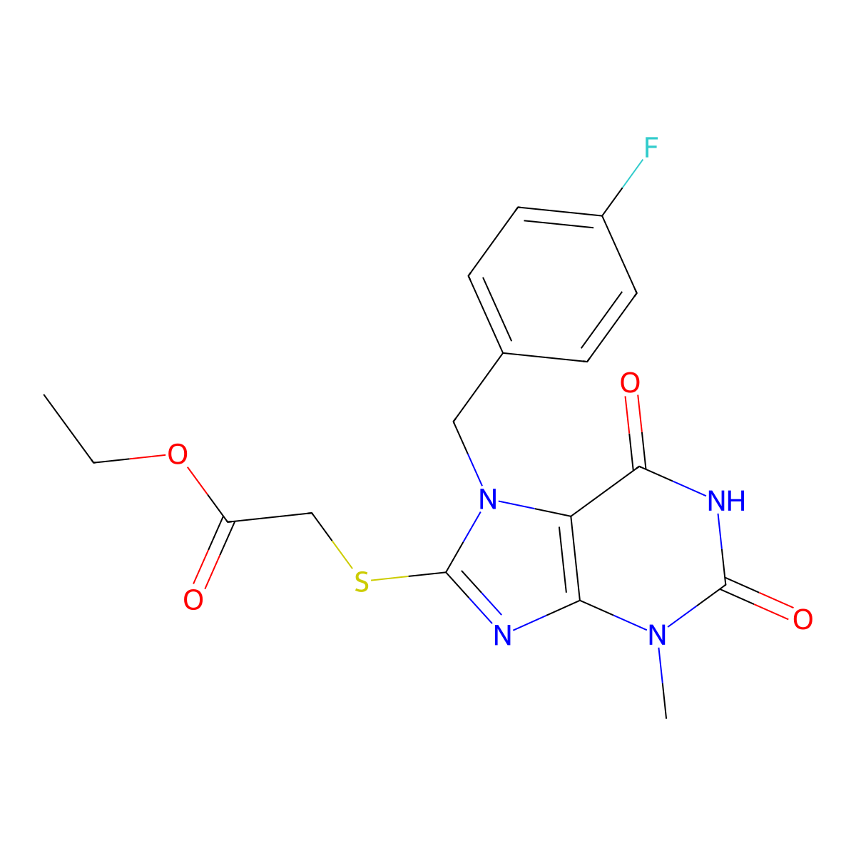 ethyl 2-({7-[(4-fluorophenyl)methyl]-3-methyl-2,6-dioxo-2,3,6,7-tetrahydro-1H-purin-8-yl}sulfanyl)acetate molecular structure, CAS 1040642-56-5