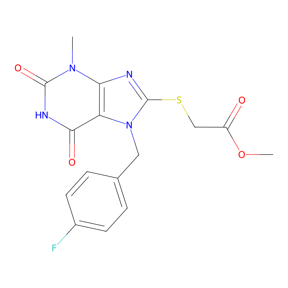 methyl 2-({7-[(4-fluorophenyl)methyl]-3-methyl-2,6-dioxo-2,3,6,7-tetrahydro-1H-purin-8-yl}sulfanyl)acetate molecular structure, CAS 1040642-64-5