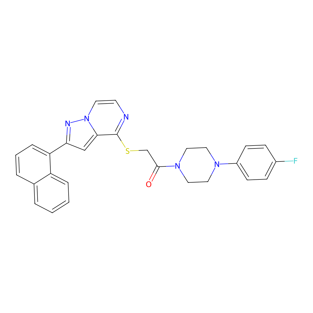 4-({2-[4-(4-Fluorophenyl)piperazin-1-yl]-2-oxoethyl}thio)-2-(1-naphthyl)pyrazolo[1,5-a]pyrazine molecular structure, CAS 1040642-65-6