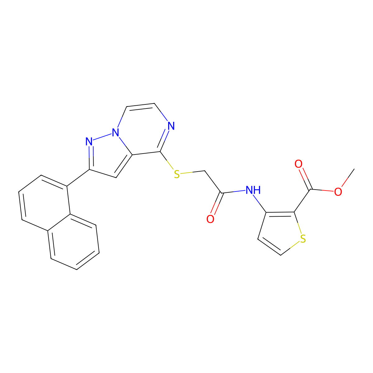 Methyl 3-(2-{[2-(naphthalen-1-YL)pyrazolo[1,5-A]pyrazin-4-YL]sulfanyl}acetamido)thiophene-2-carboxylate molecular structure, CAS 1040642-89-4