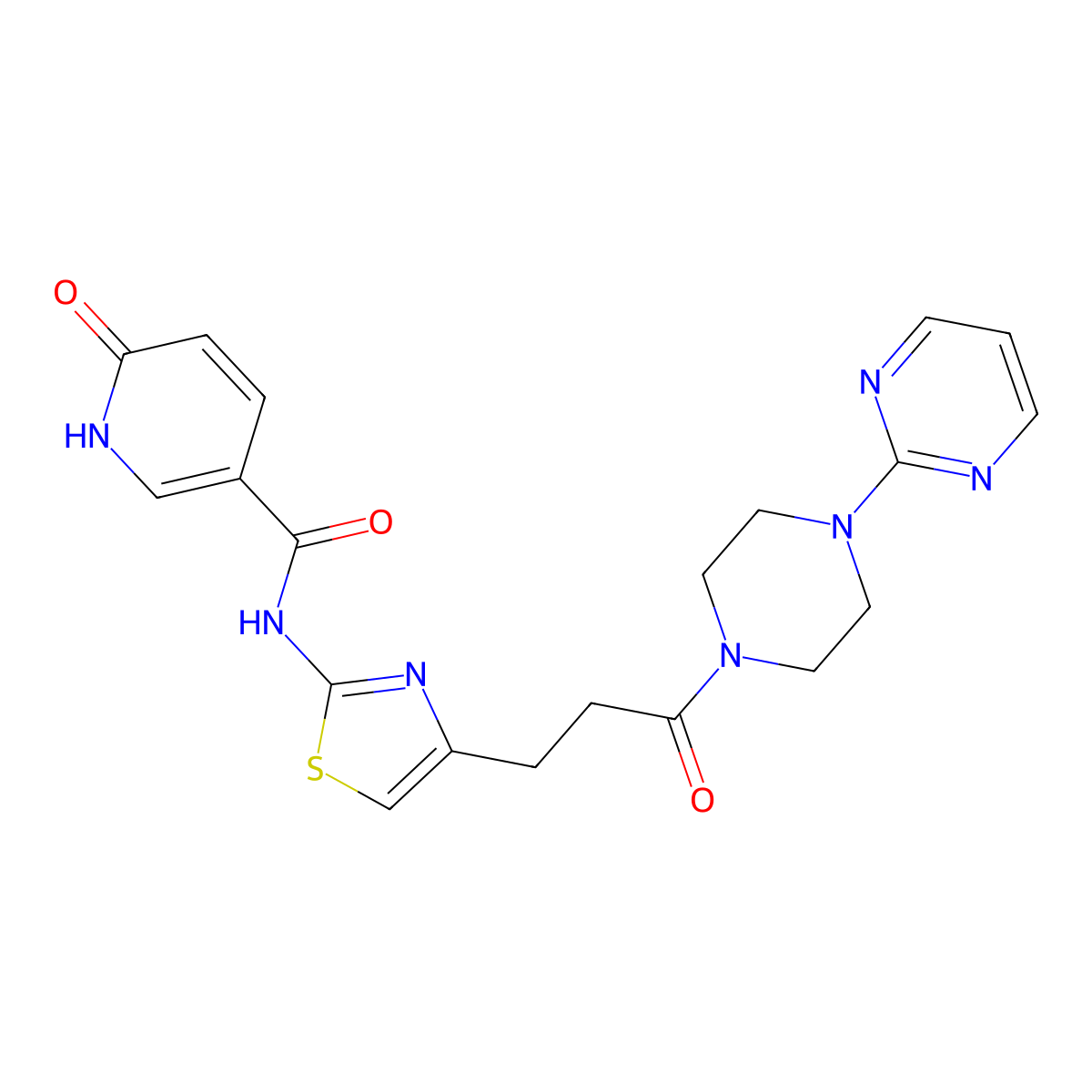 6-oxo-N-(4-(3-oxo-3-(4-(pyrimidin-2-yl)piperazin-1-yl)propyl)thiazol-2-yl)-1,6-dihydropyridine-3-carboxamide molecular structure, CAS 1040643-08-0